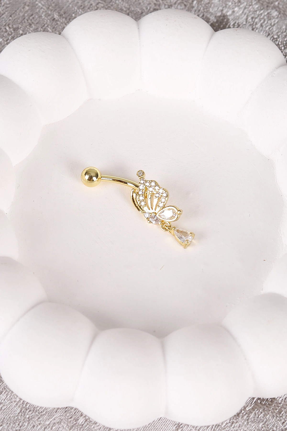 Gold Yarım Kelebek Kanadı Model Zirkon Taşlı Göbek Piercingi 477758