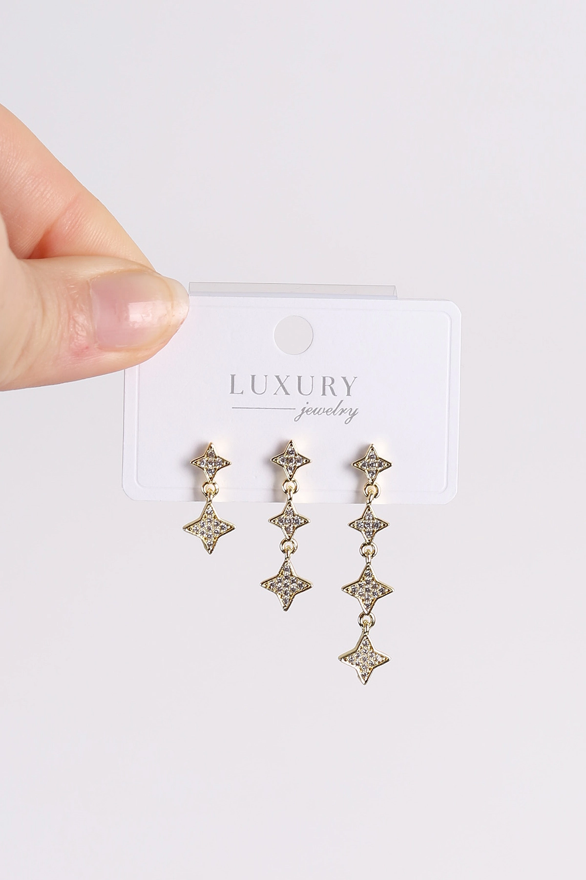 Gold Yıldız Model  Taşlı Sallantılı 3'lü Küpe 494669