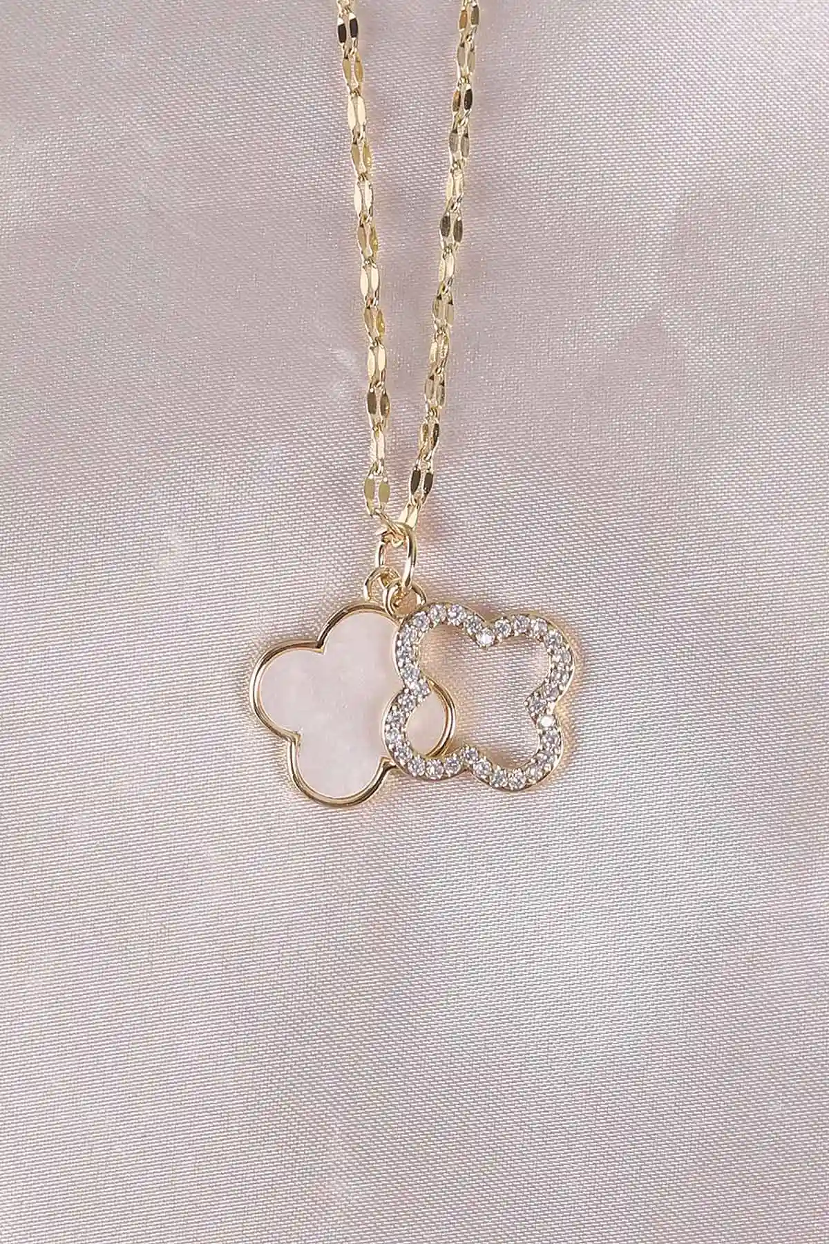 Gold Yonca Model Taşlı Şık Kolye 498418