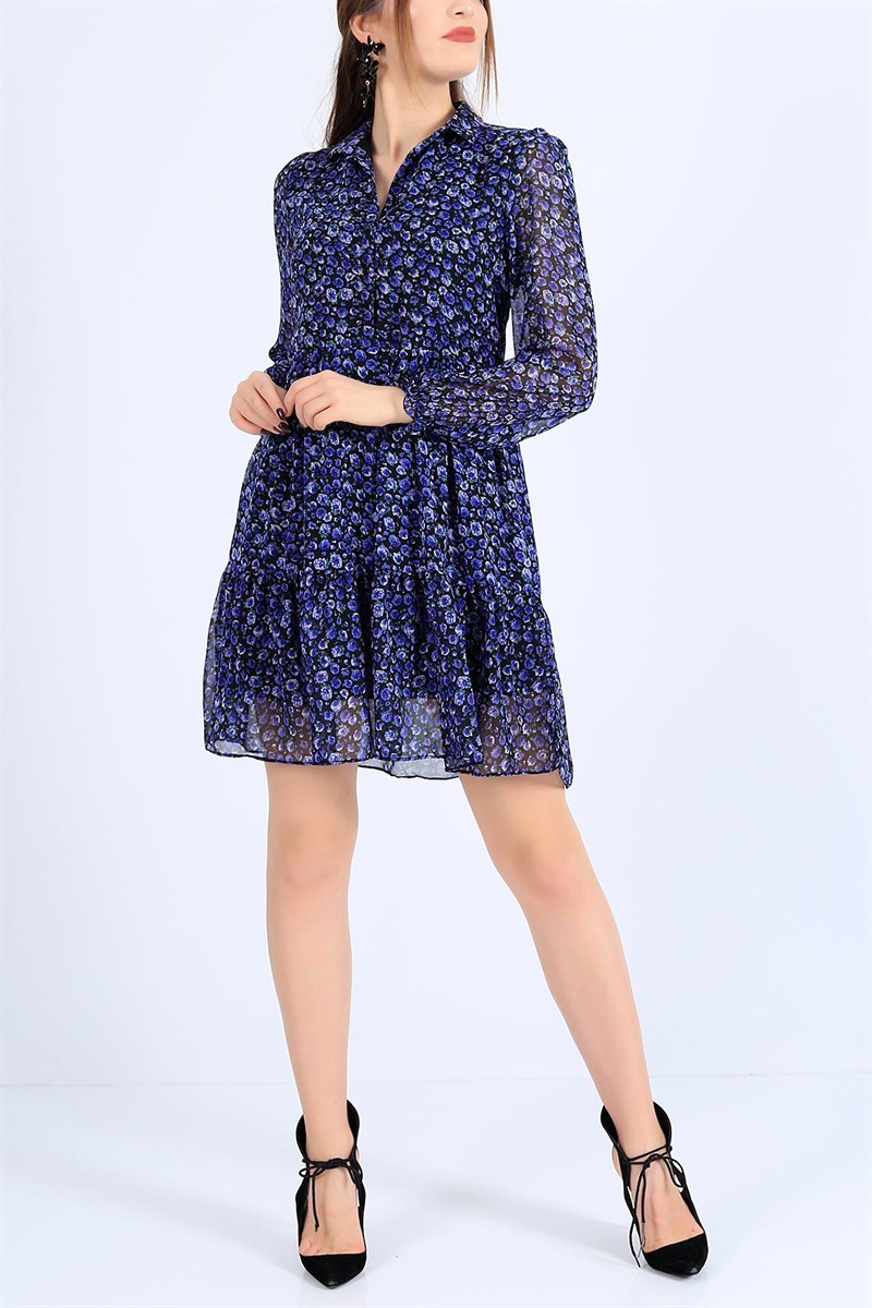 Gömlek Yaka Mavi Şifon Elbise 25612B