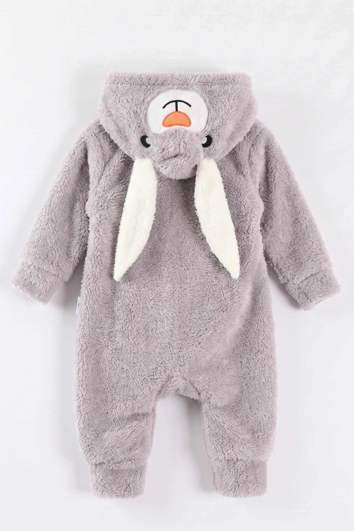 Gri (0-12 Ay) Kapüşonu Tavşan Nakışlı  Peluş Unisex Bebek Tulum 495385