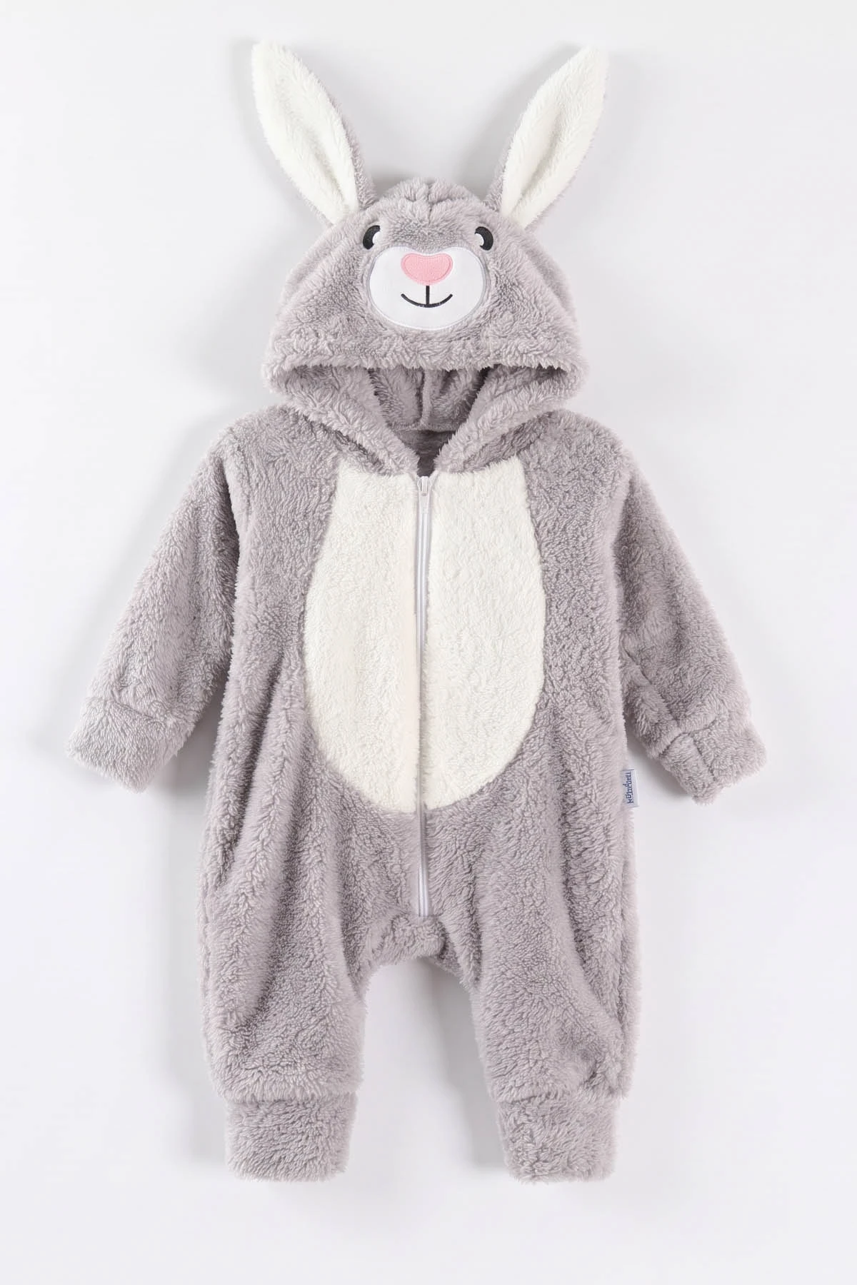 Gri (0-12 Ay) Kapüşonu Tavşan Nakışlı  Peluş Unisex Bebek Tulum 495385