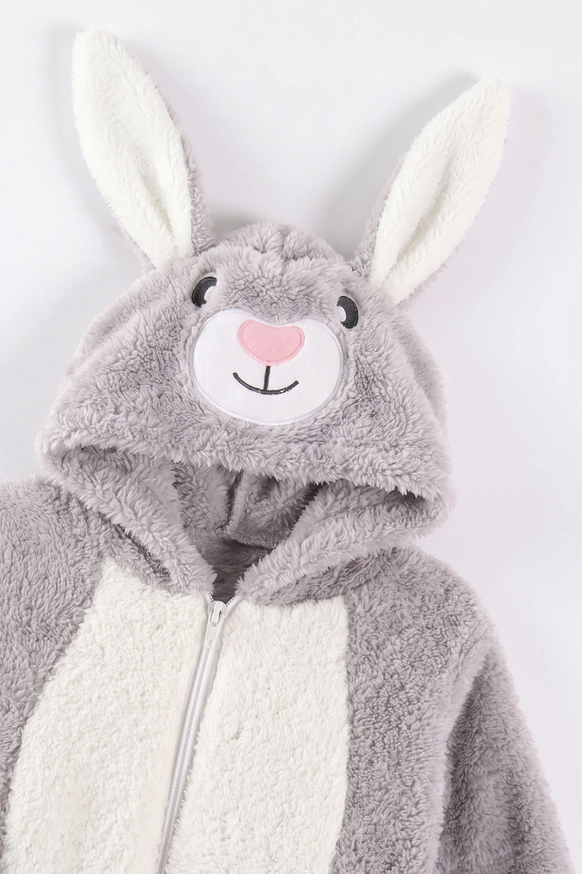 Gri (0-12 Ay) Kapüşonu Tavşan Nakışlı  Peluş Unisex Bebek Tulum 495385