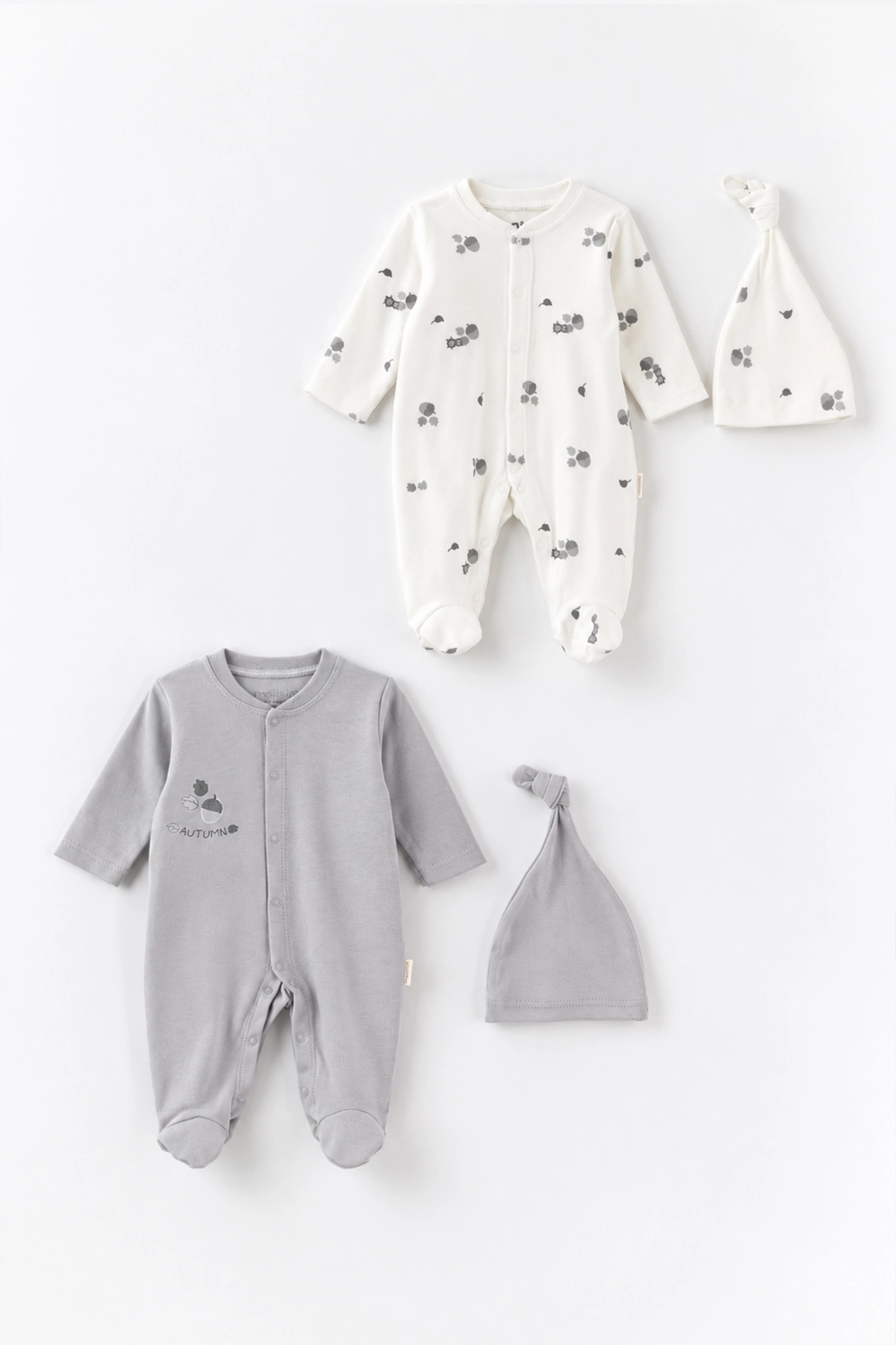 Gri (0-3 Ay) Autumn Baskılı   Patikli  2'li Erkek Bebek Tulum 486929