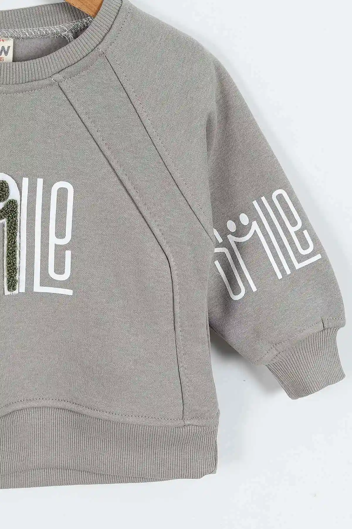 Gri (0-4 Yaş)Smile Baskılı Dikiş Detaylı  3  İp Şardonlu Erkek Çocuk Sweatshirt 417564