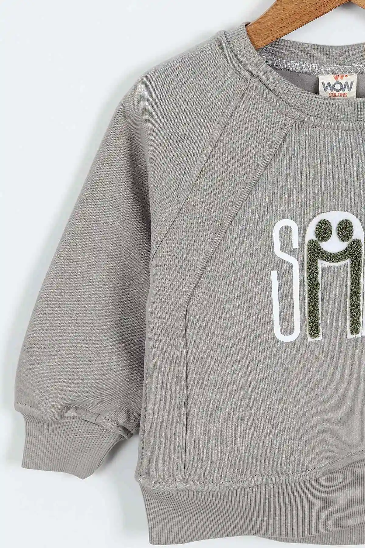 Gri (0-4 Yaş)Smile Baskılı Dikiş Detaylı  3  İp Şardonlu Erkek Çocuk Sweatshirt 417564