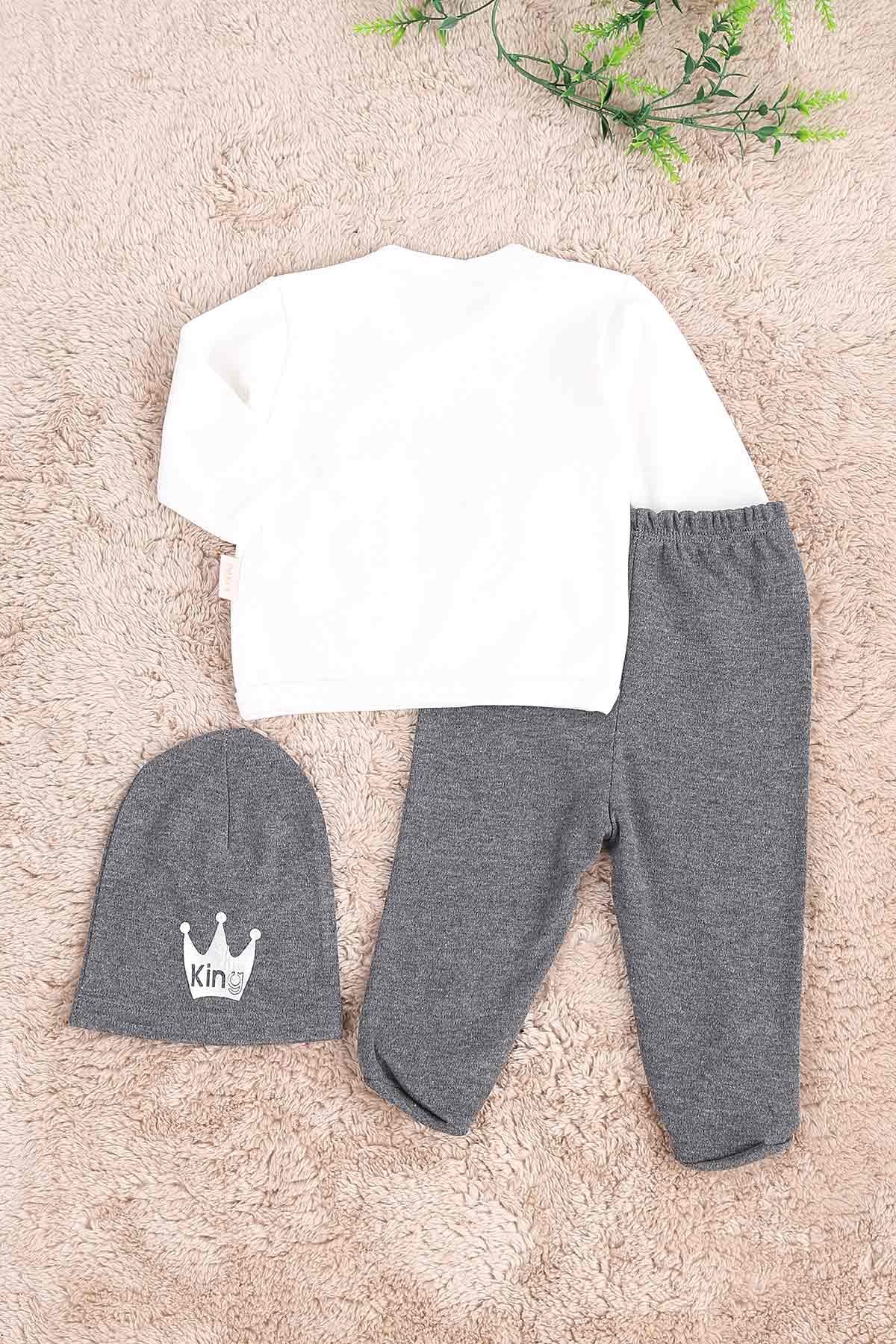 Gri (0-6 Ay) King  Nakışlı Çıt Çıt Detaylı Erkek Bebe Takım 171899