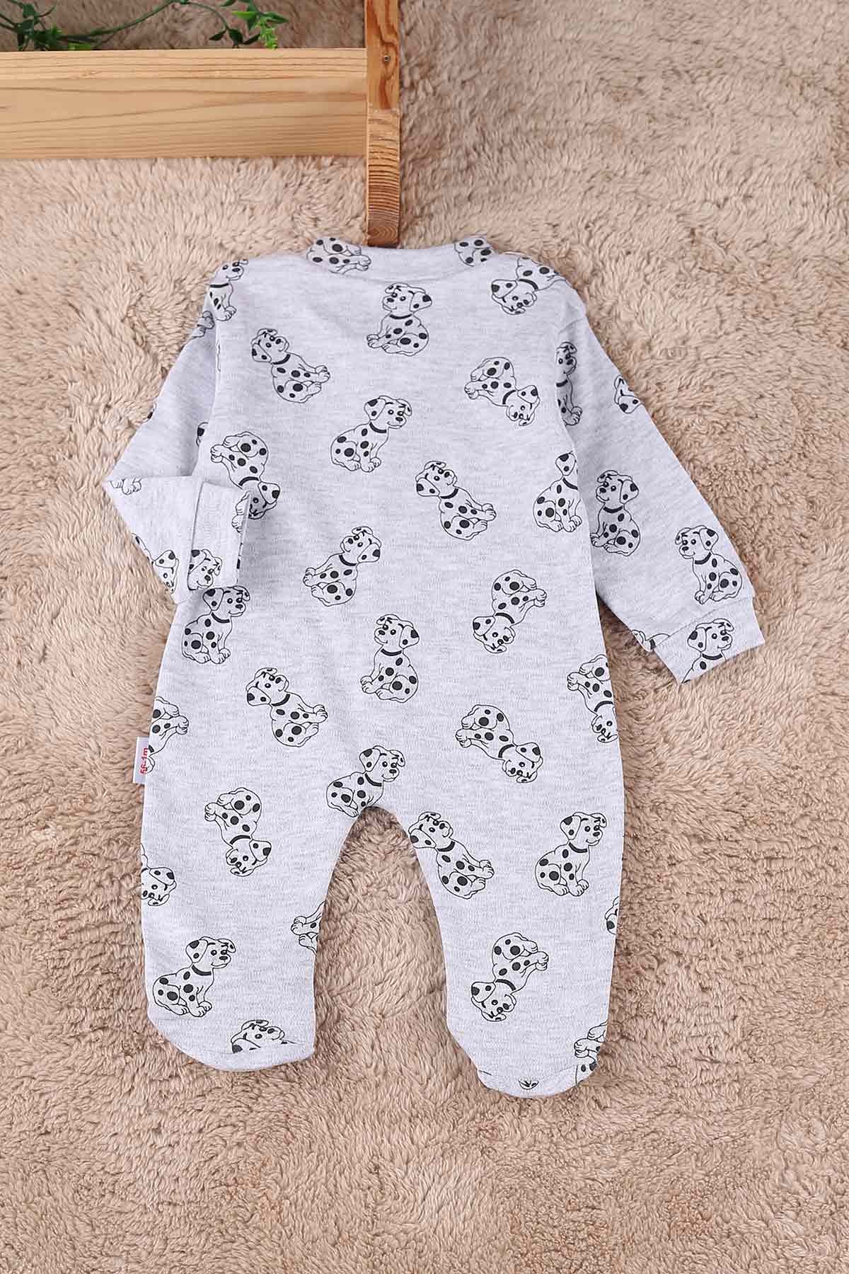 Gri (0-9 Ay) Benekli Köpek Baskılı Çıtçıtlı Patikli Erkek Bebe Tulum 180096
