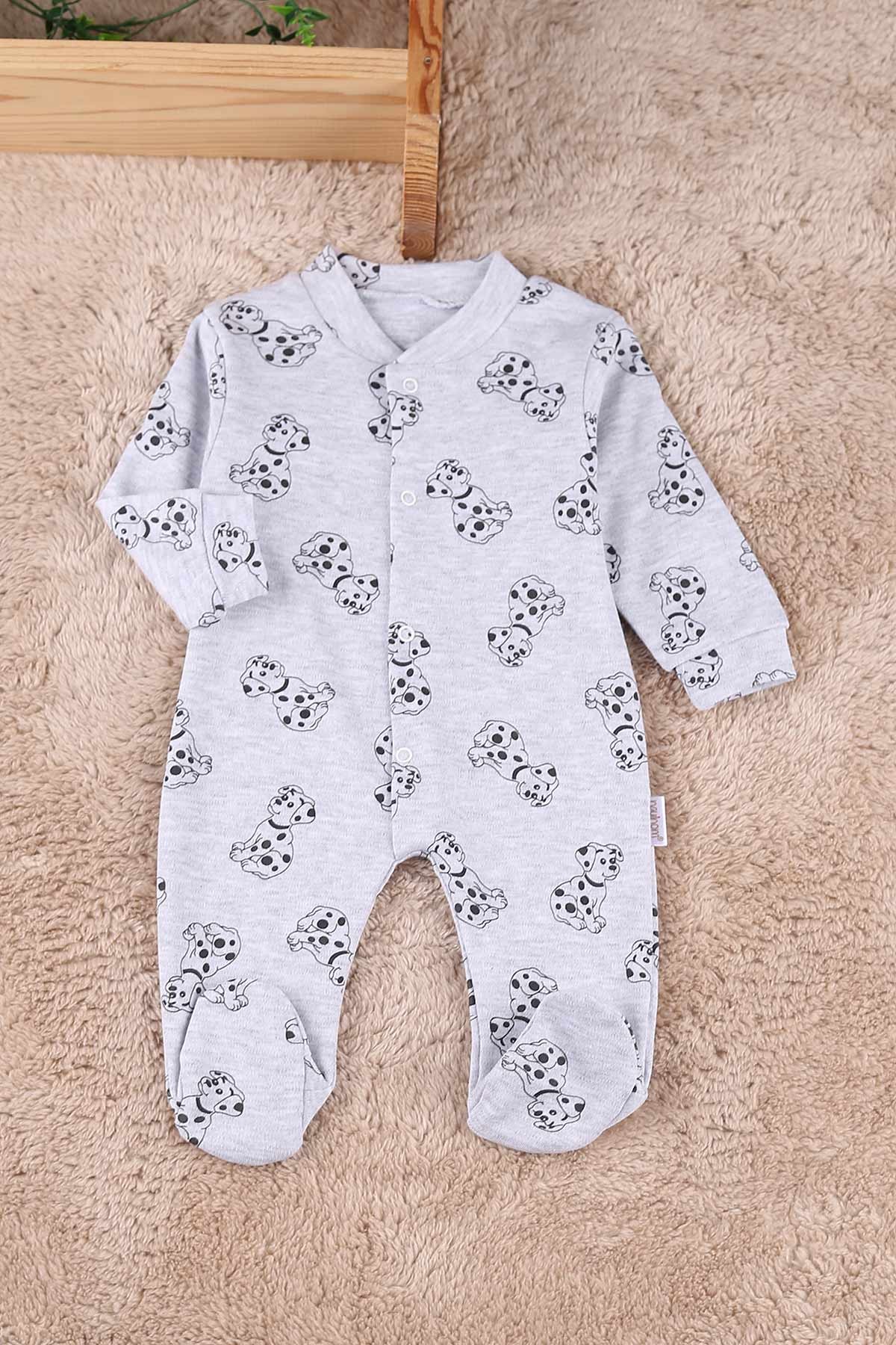 Gri (0-9 Ay) Benekli Köpek Baskılı Çıtçıtlı Patikli Erkek Bebe Tulum 180096