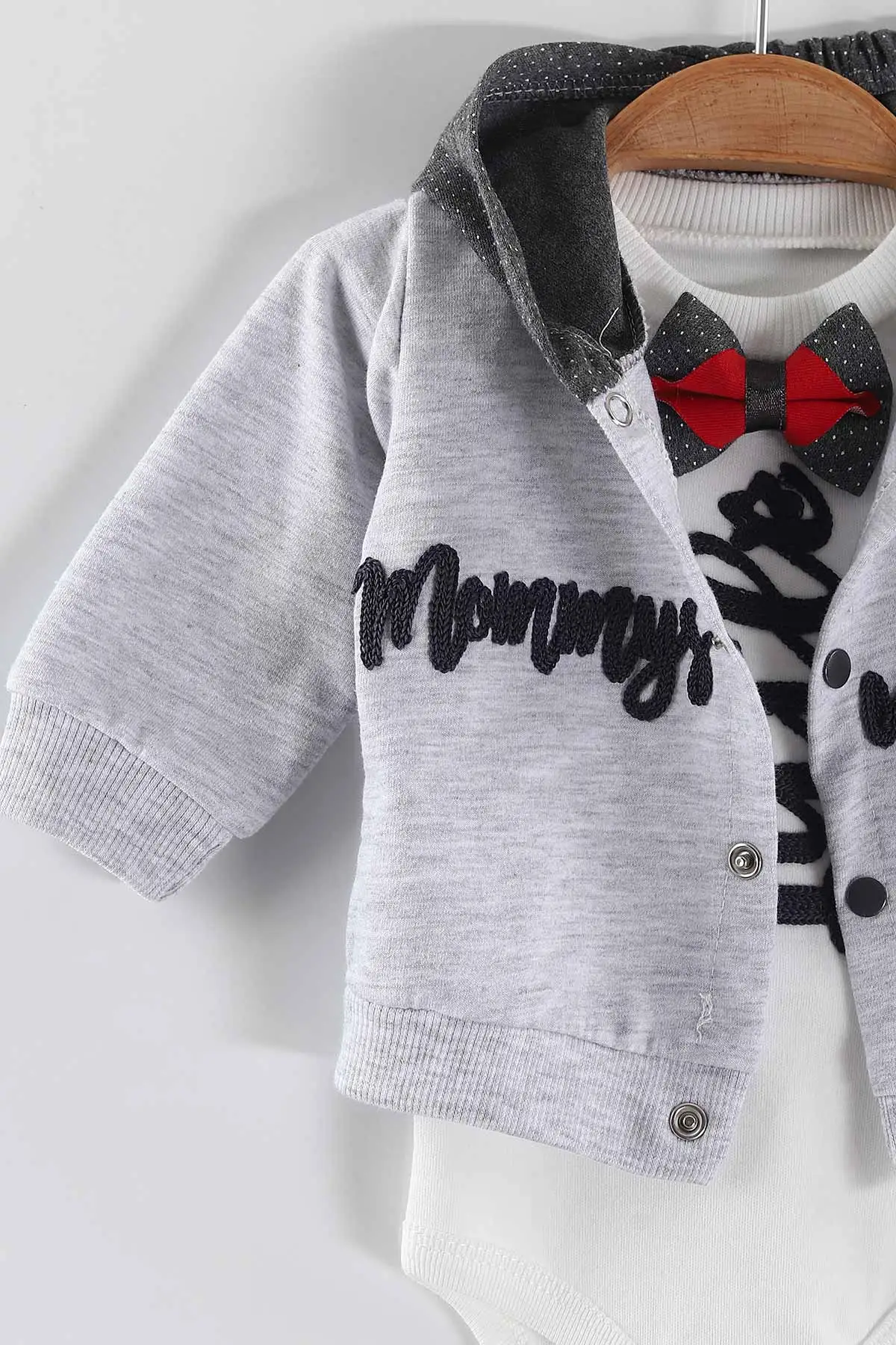Gri (0-9 Ay) Little  Nakışlı Kapüşonlu Hırkalı Zıbınlı  Erkek Bebek 3'lü Takım 456357
