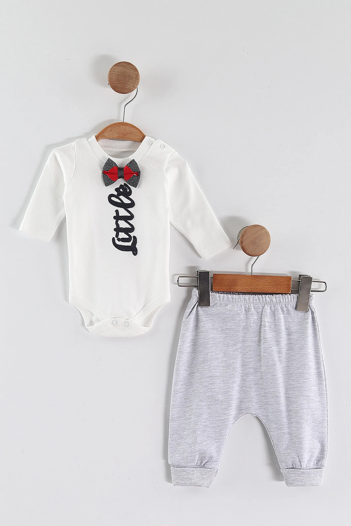 Gri (0-9 Ay) Little  Nakışlı Kapüşonlu Hırkalı Zıbınlı  Erkek Bebek 3'lü Takım 456357