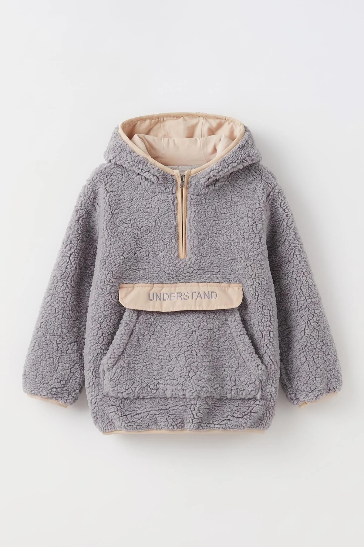 Gri (1-4 Yaş)  Nakışlı Kapüşonlu Kanguru Cepli Yarım Fermuarlı Kuzu Kız &Bebek Çocuk Sweatshirt 497458