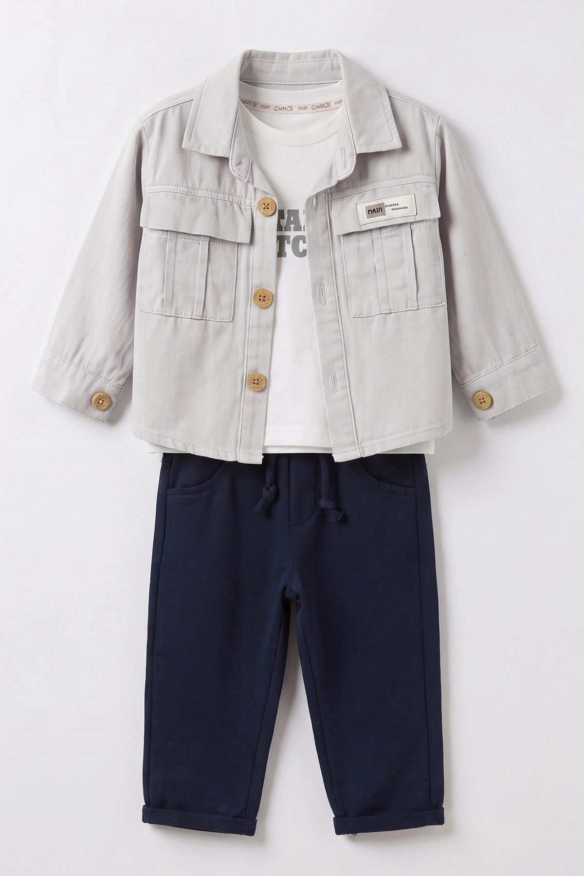 Gri (1-4 Yaş)Cebi Nakışlı Gabardin Ceketli Erkek Çocuk&Bebek 3'lü Takım 501396