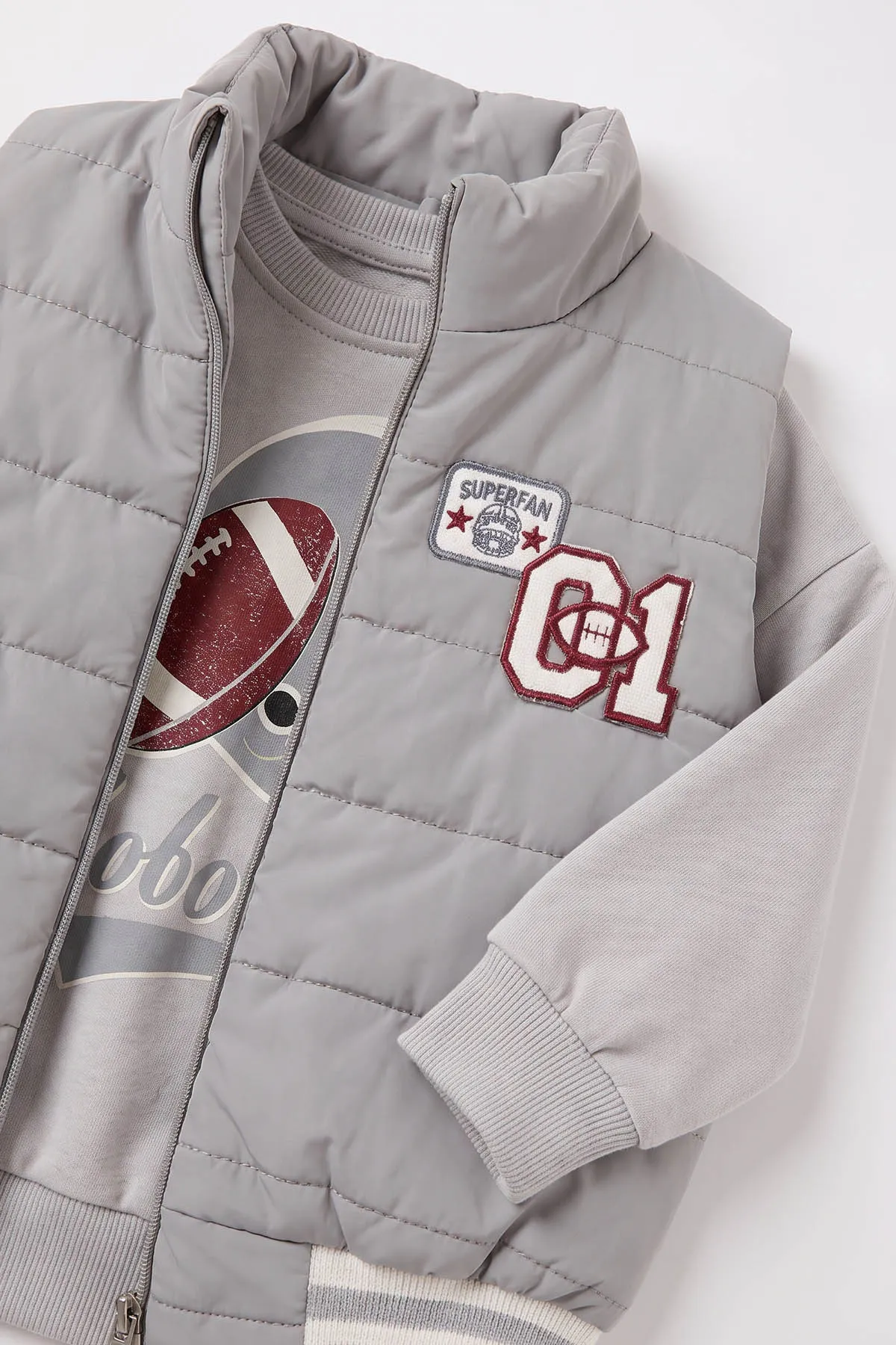 Gri (1-4 Yaş)Football Baskılı Sweatli Şişme Yelekli 2 İp Erkek Çocuk&Bebek 3'lü Takım 490198