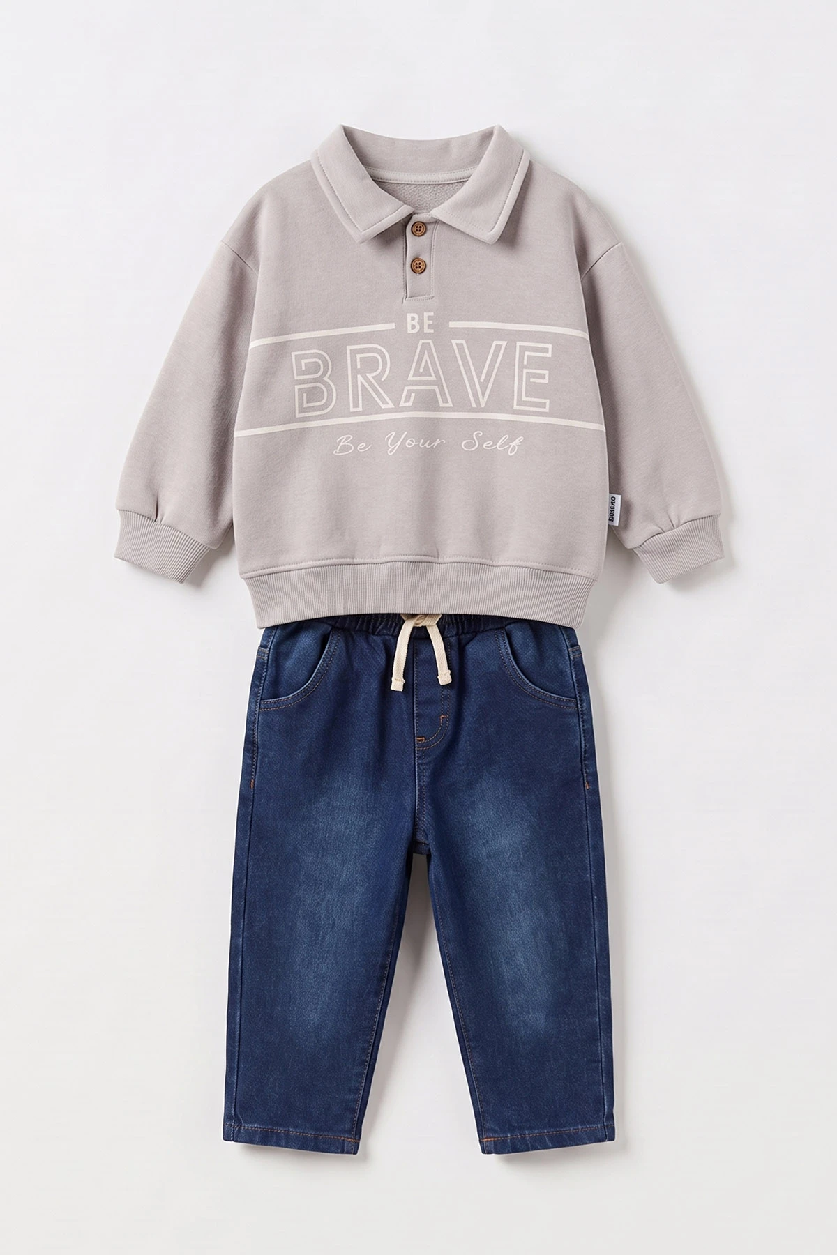 Gri (1-5 Yaş) Brave Baskılı Yaka Patlı 3 İp Şardonlu Sweatli Kot Pantolonlu Erkek Çocuk Kışlık Takım 496210