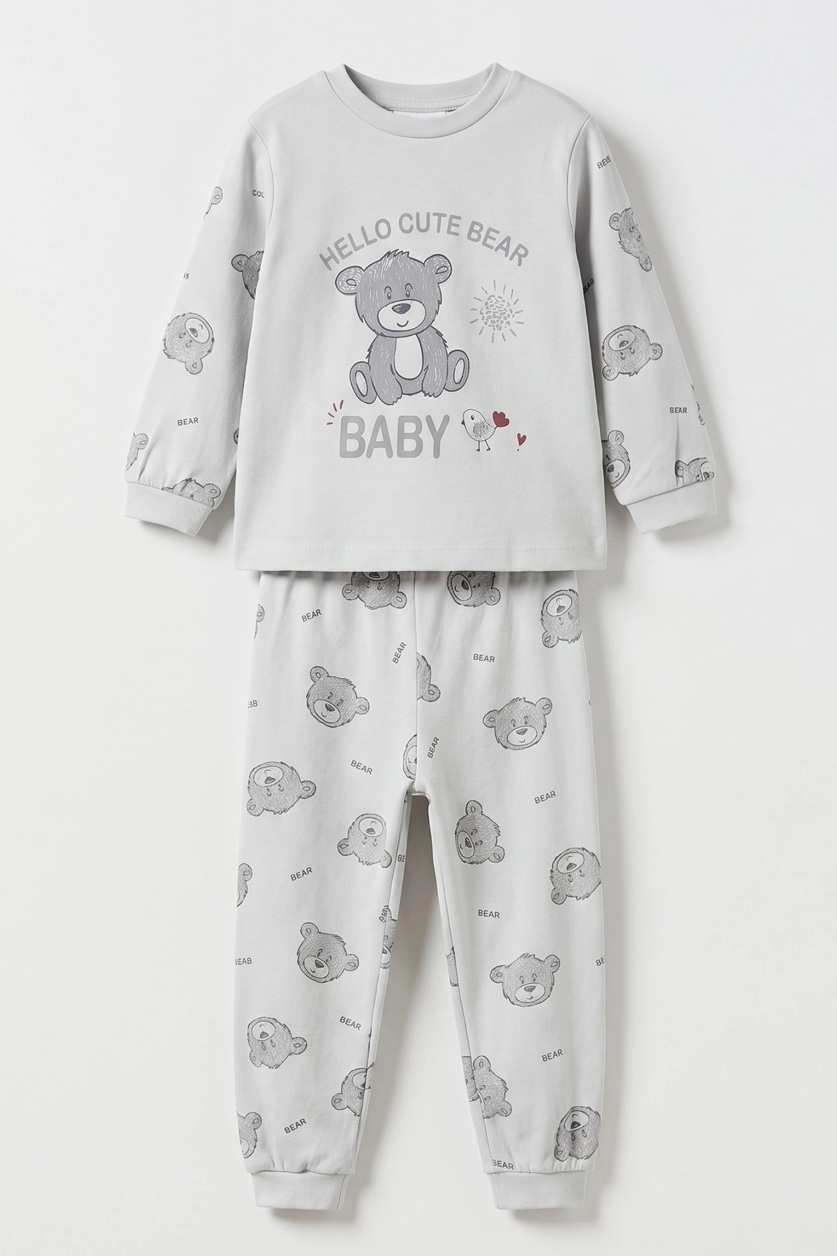 Gri (1-6 Yaş )Hello Cute Bear Baskılı Penye Erkek Bebek&Çocuk Pijama Takım 500345