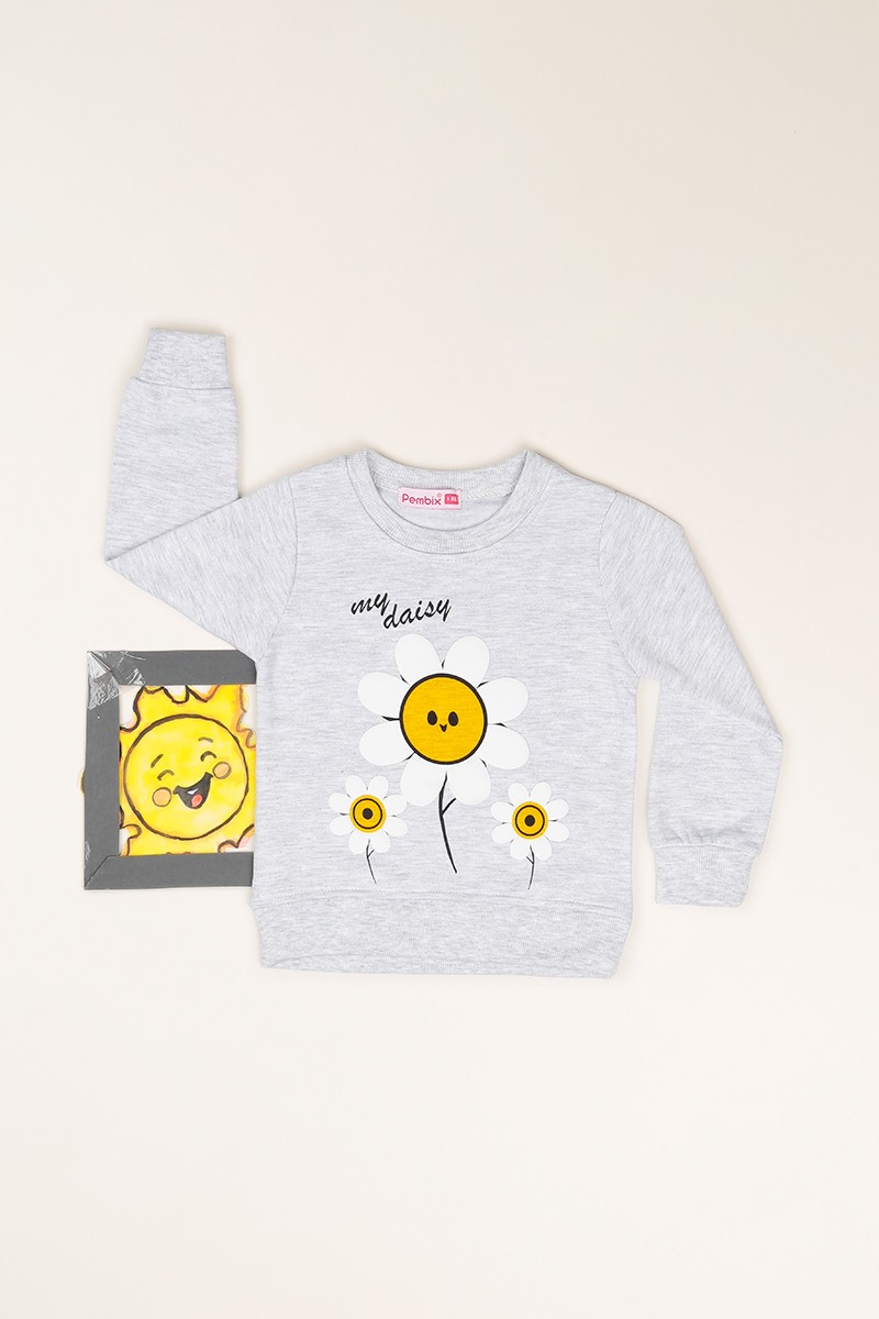 Gri (1-8 Yaş) Çiçek Baskılı İçi Şardonlu Kız Çocuk Sweatshirt 81379