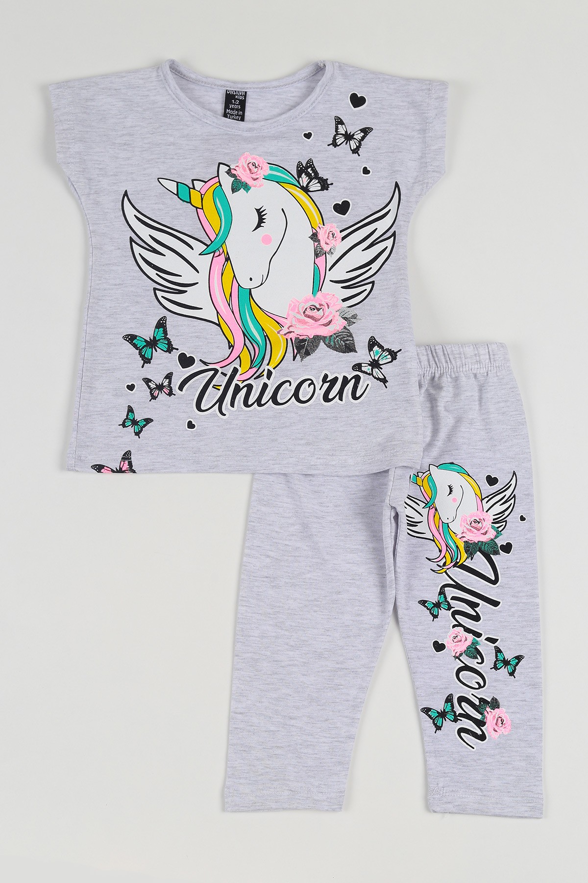 Gri (1-8 yaş) Unicorn  Baskılı Kız Çocuk Taytlı Takım 114467
