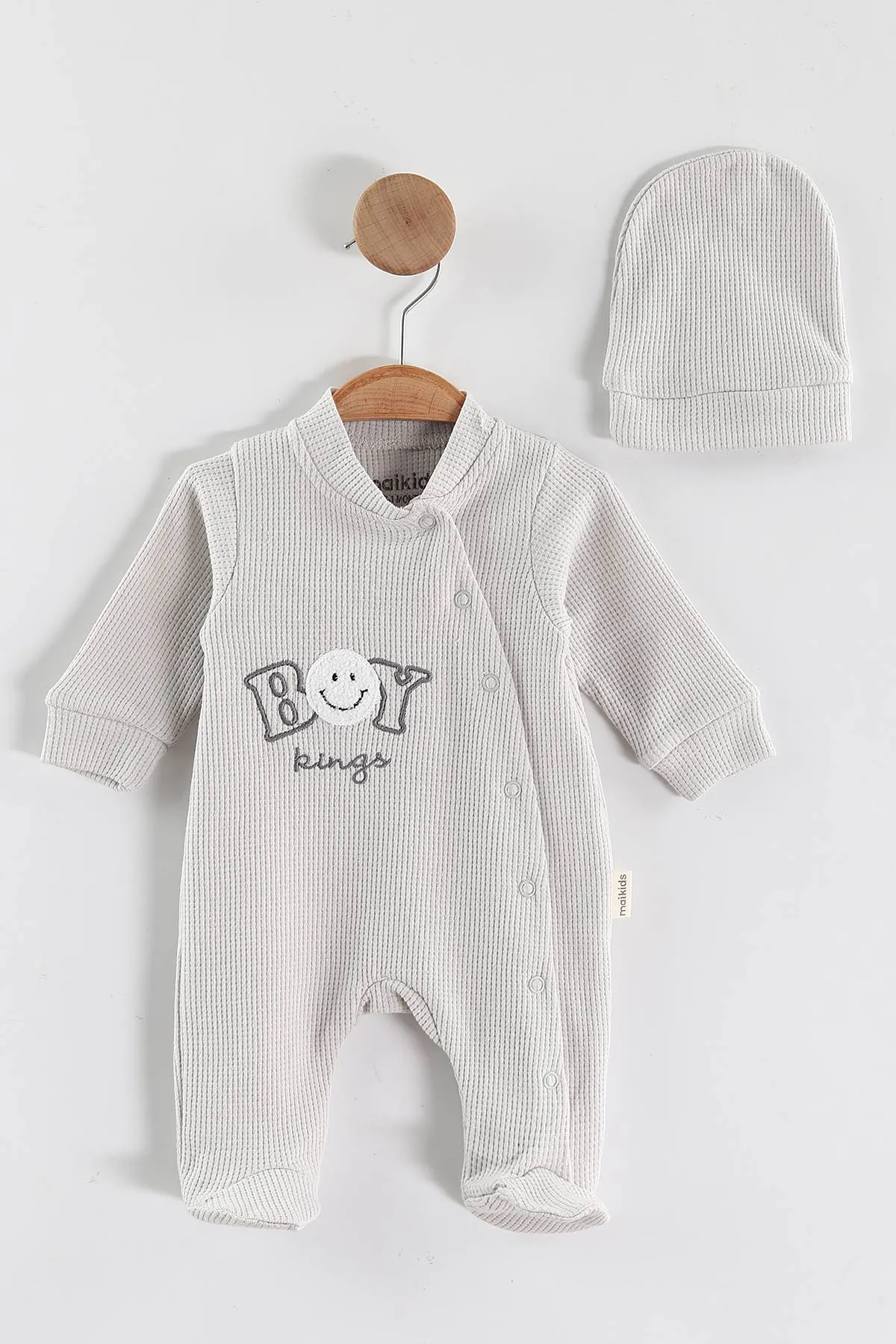 Gri (1-9 Ay)Boy Nakışlı Waffle Kumaş Çapraz Çıtçıtlı Erkek Bebek Tulum 434938