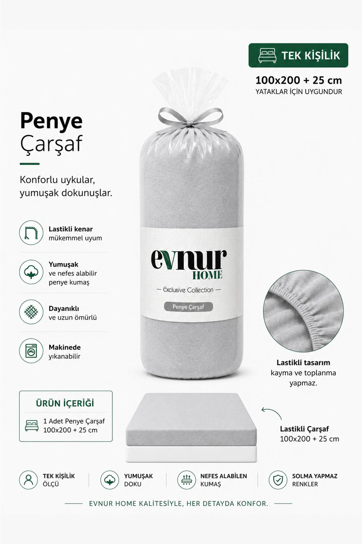 Gri 100x200+25 Cm  Evnur Home Penye Tek Kişilik Fitted (Lastikli) Çarşaf 467379