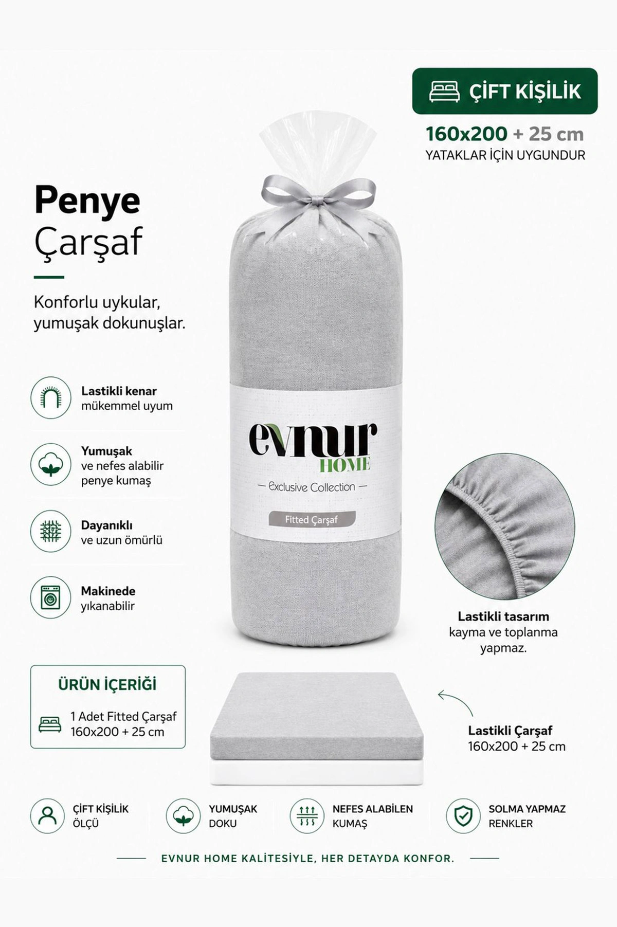 Gri 160x200+25 Cm Evnur Home Penye Çift Kişilik Fitted (Lastikli) Çarşaf 467370