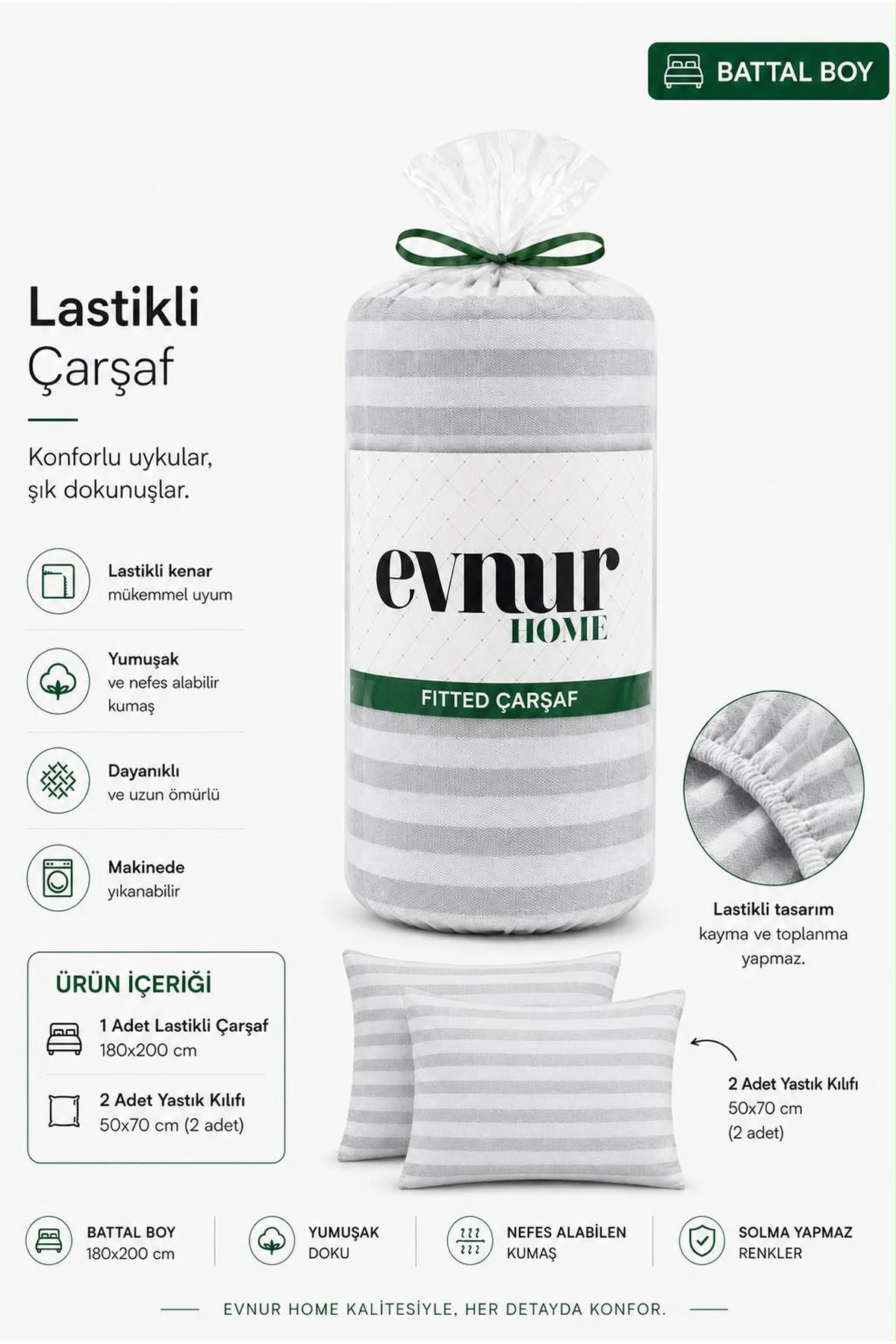 Gri 180x200 Cm  Evnur Home Çizgili Çift Kişilik Fitted (Lastikli) Çarşaf Takımı 497762