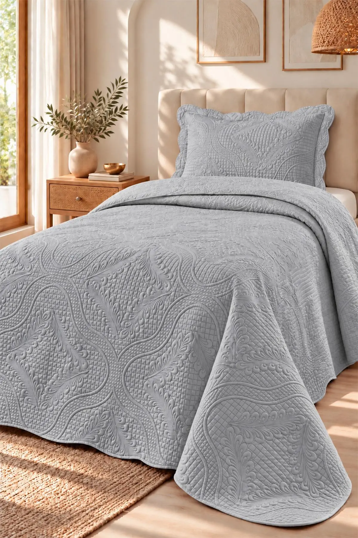 Gri 180x240 Cm Toyo Tek Kişilik Nakışlı Yatak Örtüsü 492031