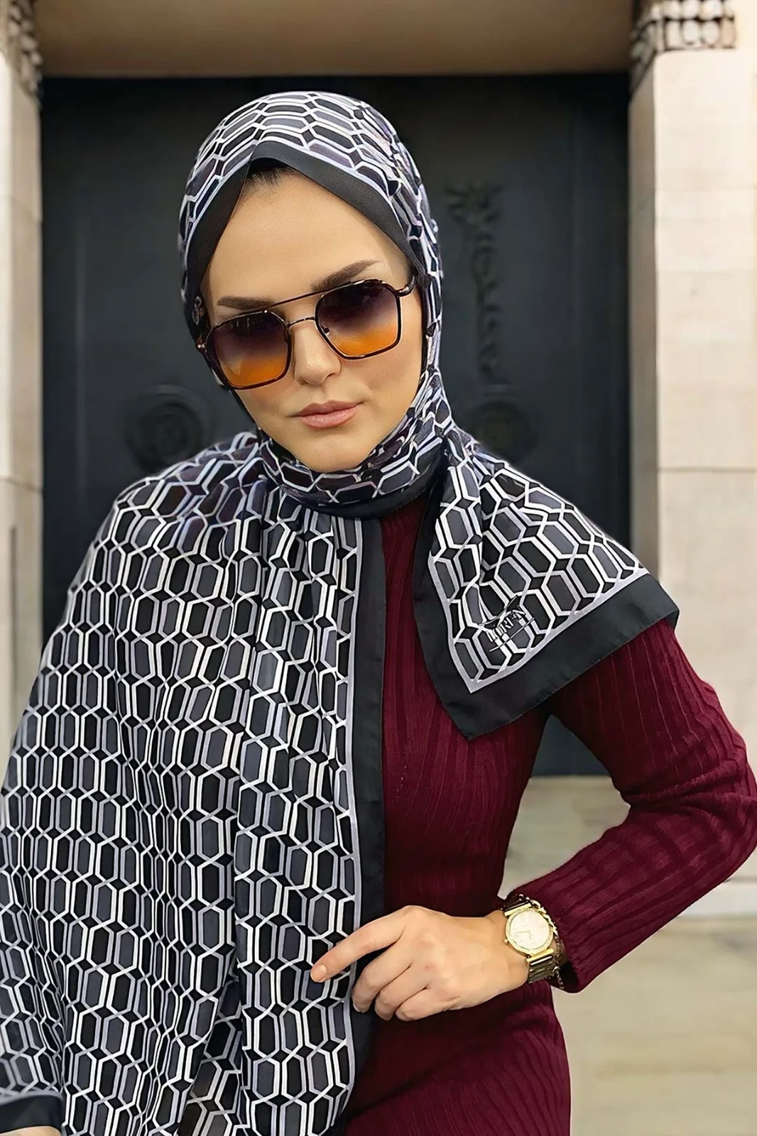 Gri 180X70 cm Dijital Baskı Chaıne Desenli Pamuk Şal 333222