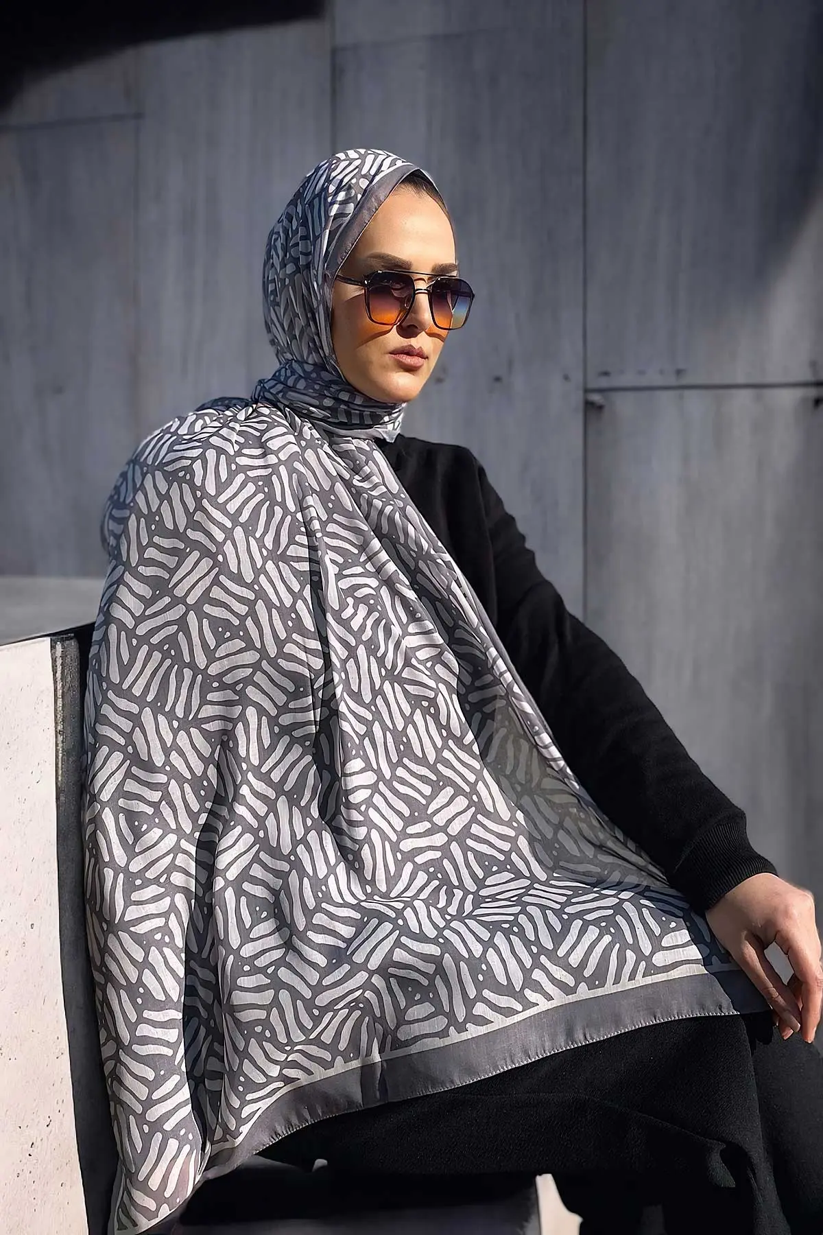 Gri 180X70 cm Dijital Baskı Kibrit Desenli Pamuk Şal 334175