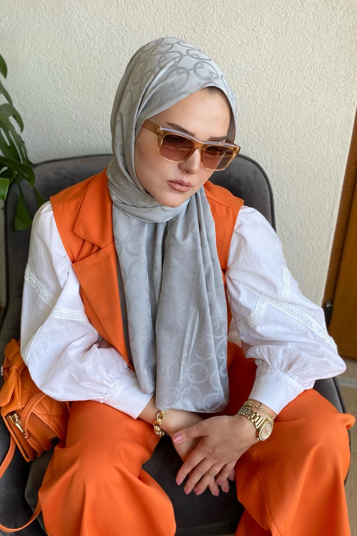 Gri 180x70 Jakar İpeksi Karo Desen Şal 270902