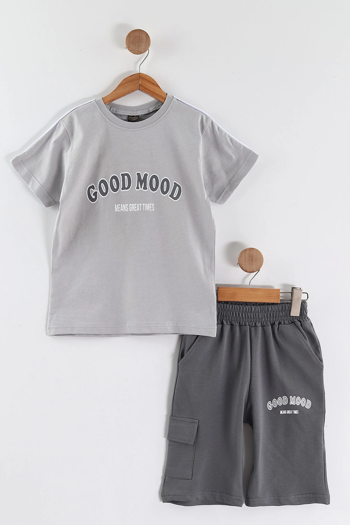 Gri (2-10 Yaş) Good Mood Baskılı Ara Biyeli Şortlu Erkek Çocuk Yazlık 2'li Takım 459034
