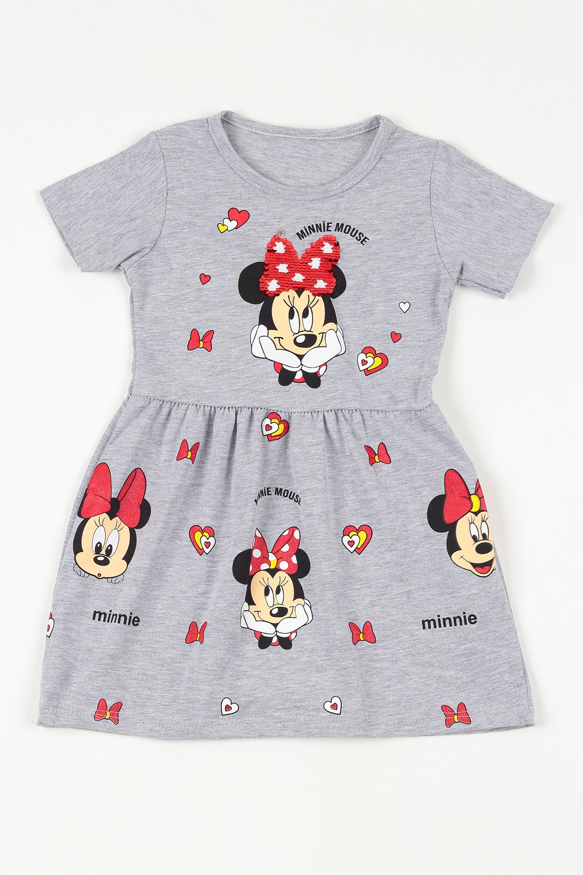 Gri (2-10 yaş) Minnie Mouse Kalpli Kız Çocuk Elbise 108660