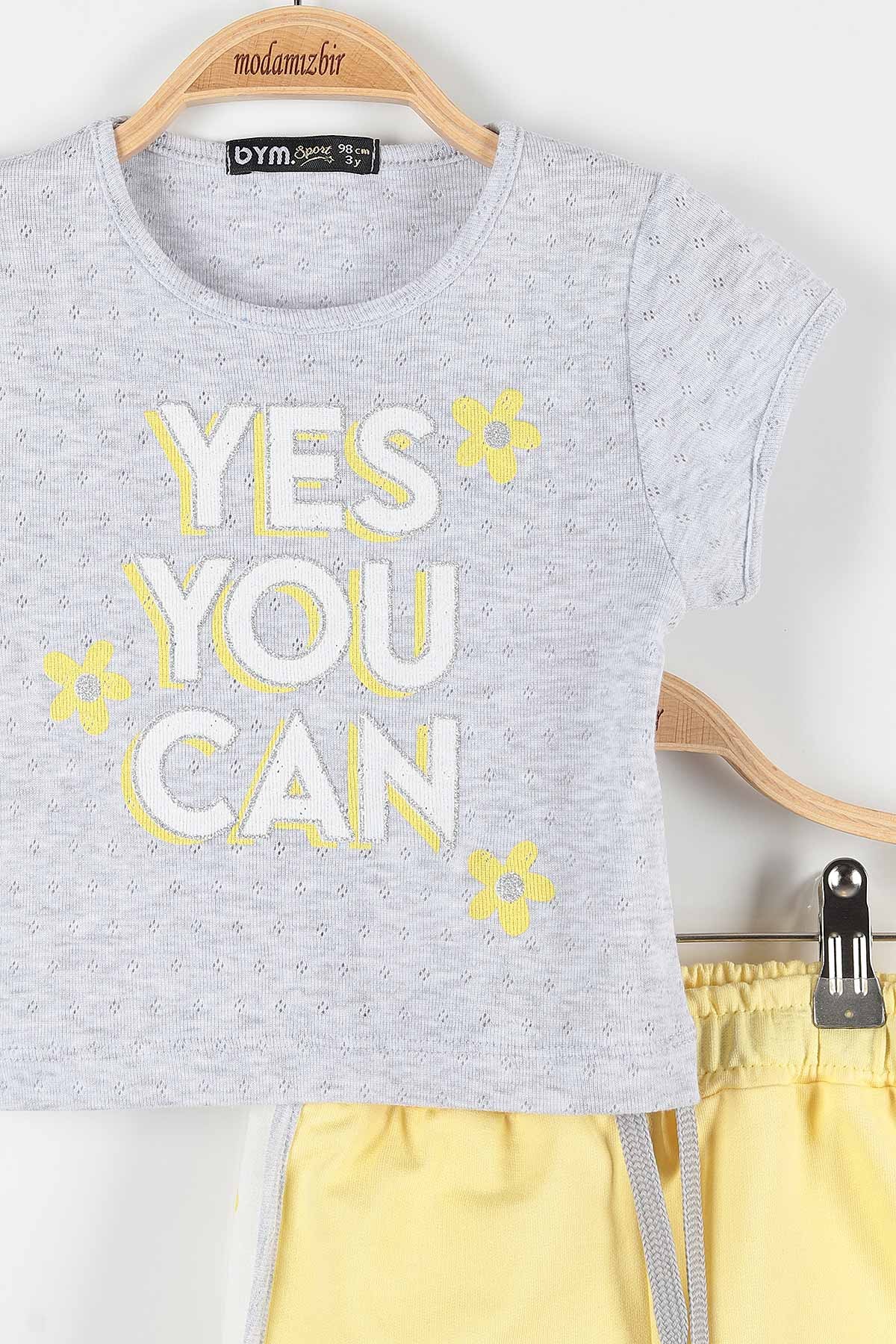 Gri (2-6 Yaş) Yes You Can Baskılı Şortlu Kız Çocuk Takım 171442