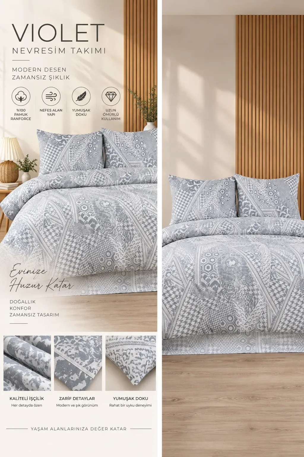 Gri 200x220 Cm Bella Home Lastiksiz Battal Boy New Box Nevresim Takımı 492015
