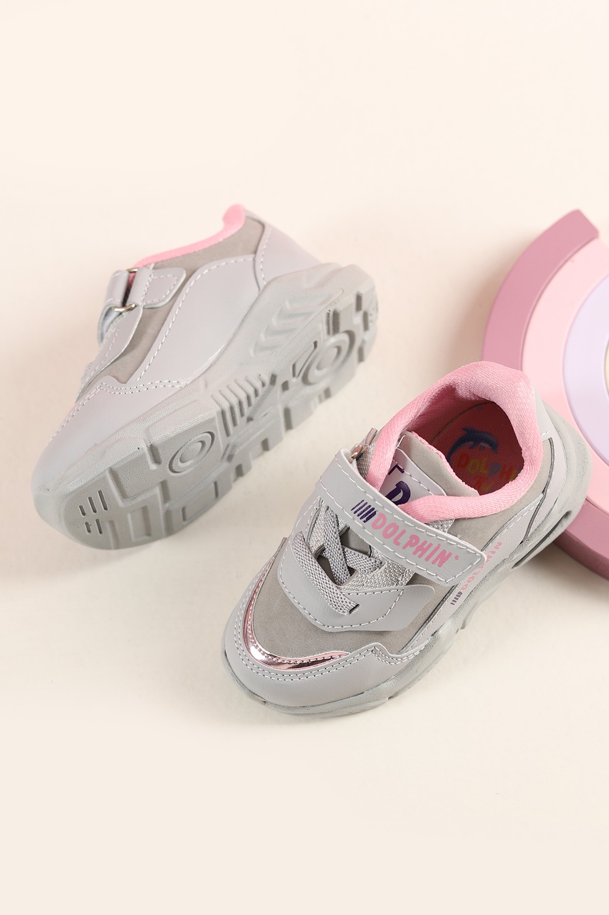 Gri (21-25 Bebe) Işıklı Cırtlı Kız Bebe Spor Ayakkabı 220877