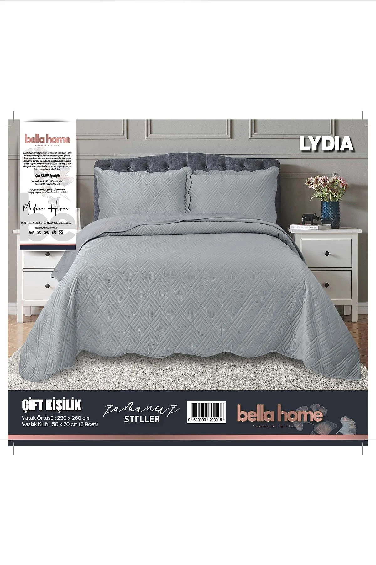 Gri 250x260 Cm Elora Çift Kişilik Yatak Örtüsü Seti 474552