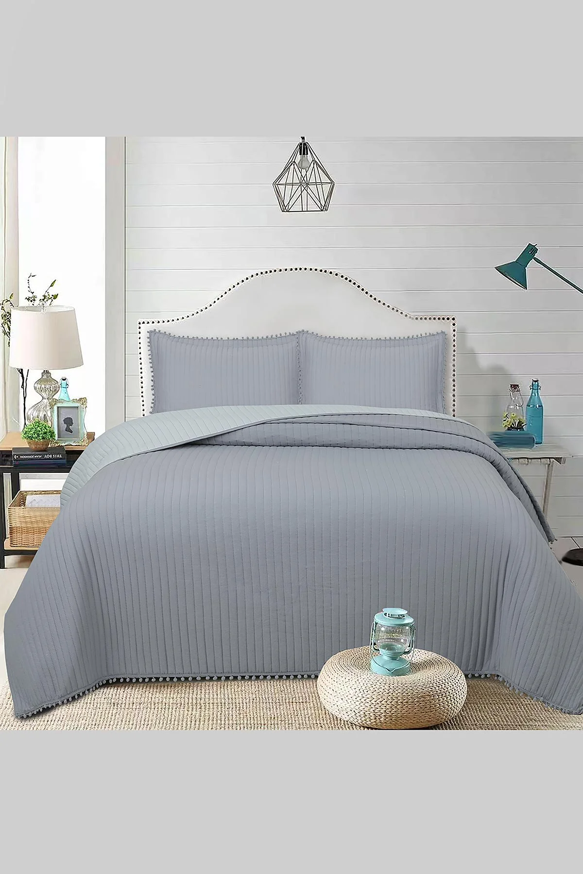 Gri 260x240 Cm Bella Home Çift Kişilik Sofia Ponponlu Yatak Örtüsü 395133