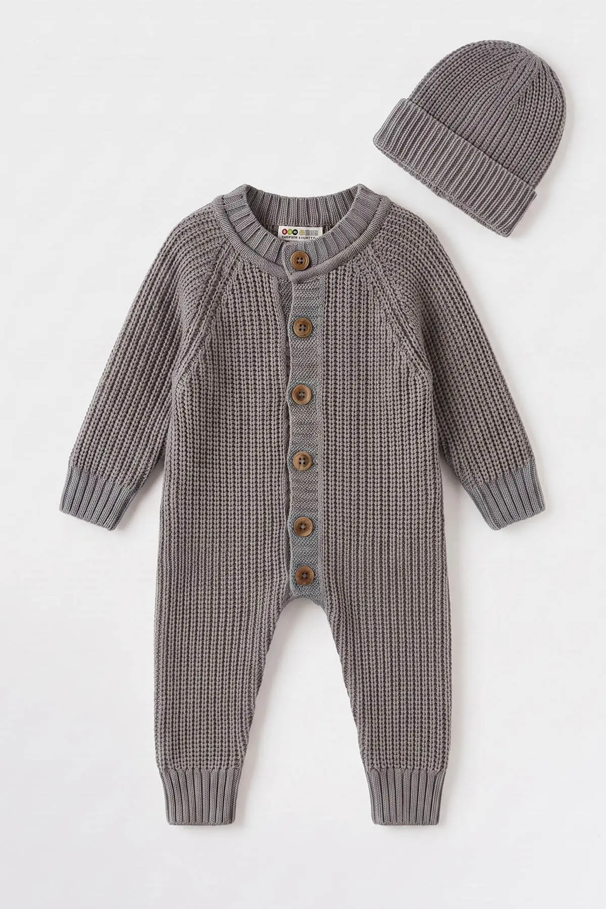 Gri (3-12 Ay) Selanik Örgülü Dikişsiz Şapkalı Triko  Bebek Tulum 474371