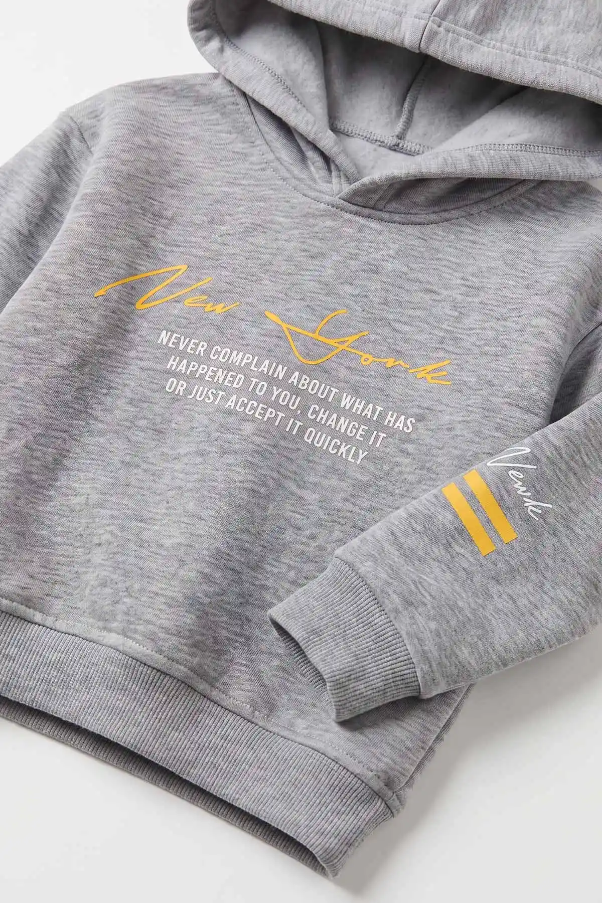 Gri (3-12 Yaş) Baskılı 3 İp Şardonlu Kapüşonlu Erkek Çocuk Sweatshirt 486574