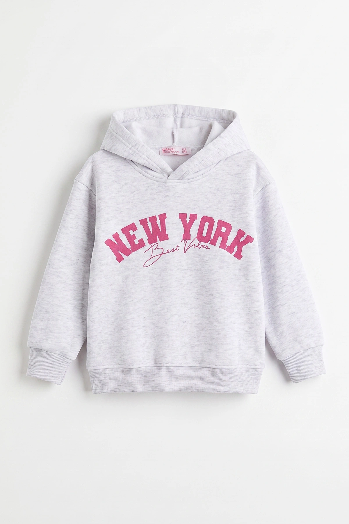 Gri (3-12 Yaş) Baskılı 3 İp Şardonlu Kapüşonlu Kız Çocuk Sweatshirt 473952