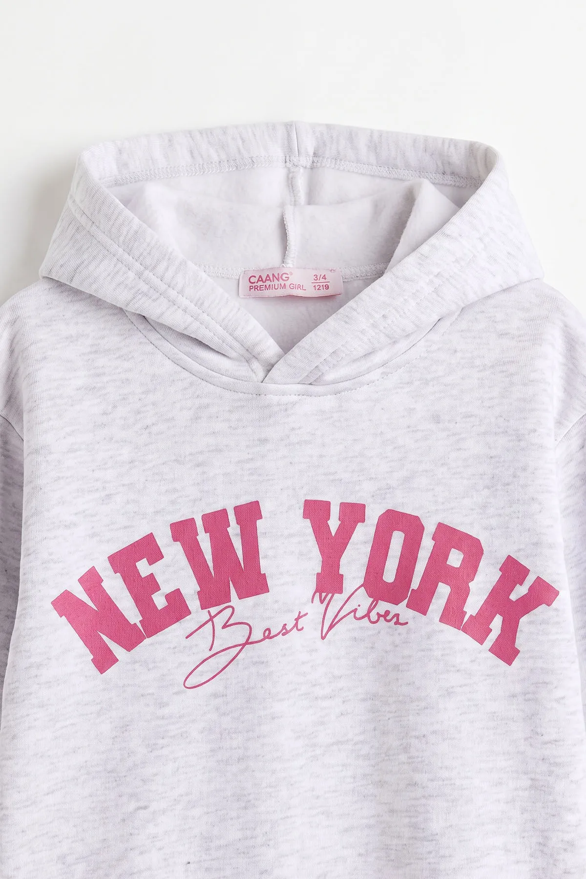 Gri (3-12 Yaş) Baskılı 3 İp Şardonlu Kapüşonlu Kız Çocuk Sweatshirt 473952