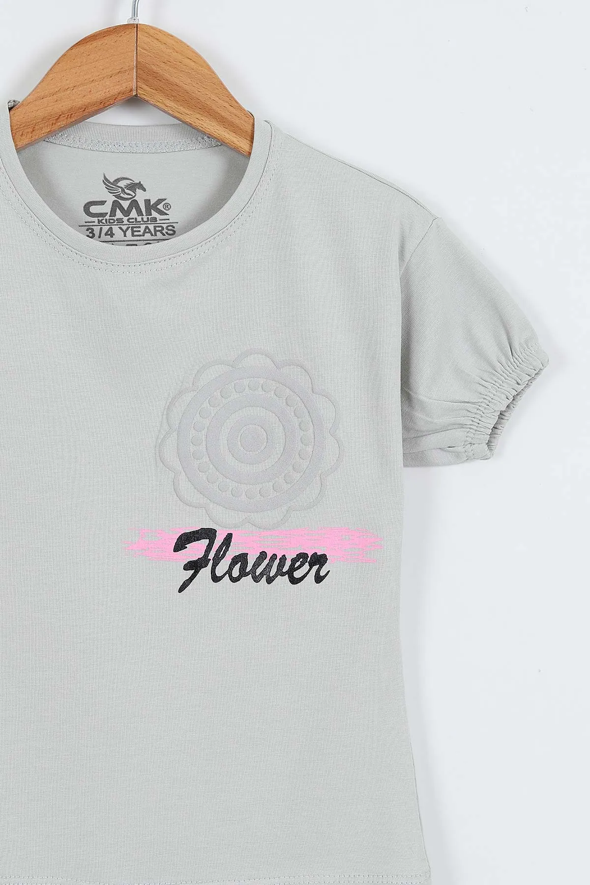 Gri (3-12 Yaş) Flower Baskılı Kol Lastikli Kız Çocuk Tişört 354294