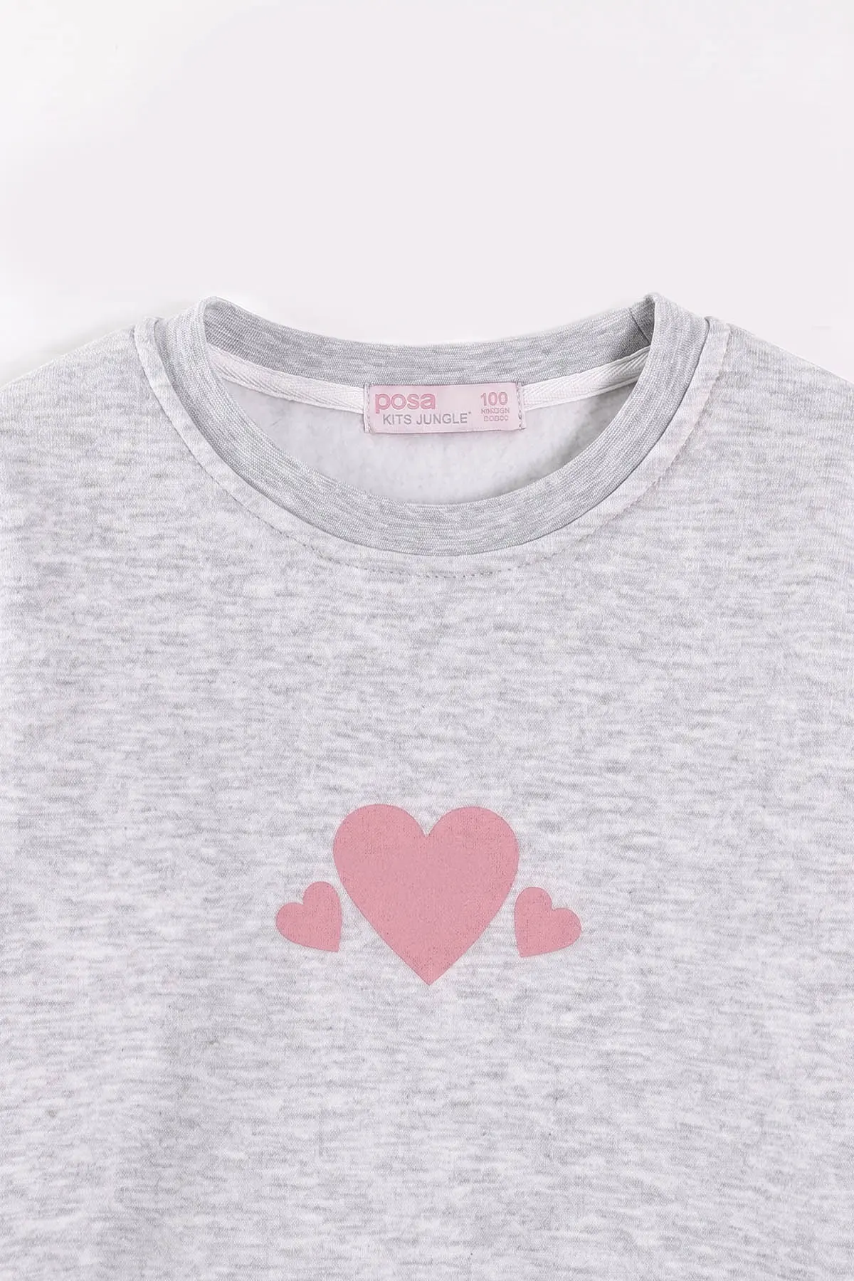 Gri (3-12 Yaş) Kalp Baskılı 3 İp Şardonlu Kız Çocuk Sweatshirt 473980