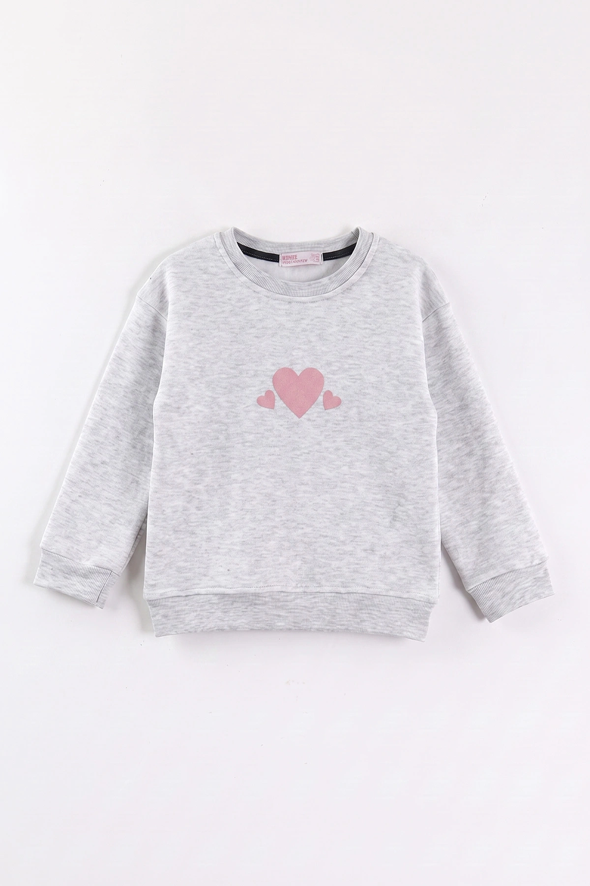 Gri (3-12 Yaş) Kalp Baskılı 3 İp Şardonlu Kız Çocuk Sweatshirt 473980