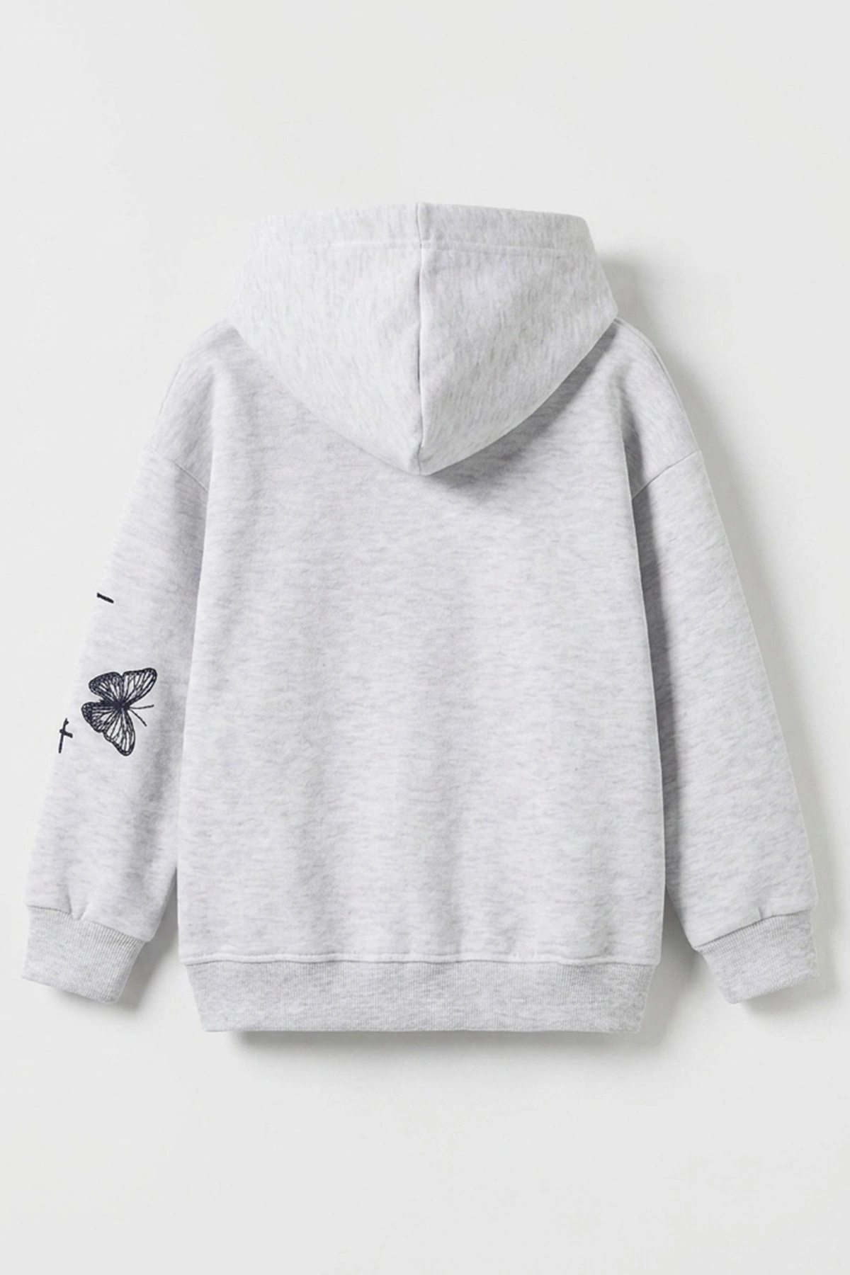 Gri (3-12 Yaş) Kelebek Baskılı Kapüşonlu  Şardonlu 3 İp Kız Çocuk Sweatshirt 484141