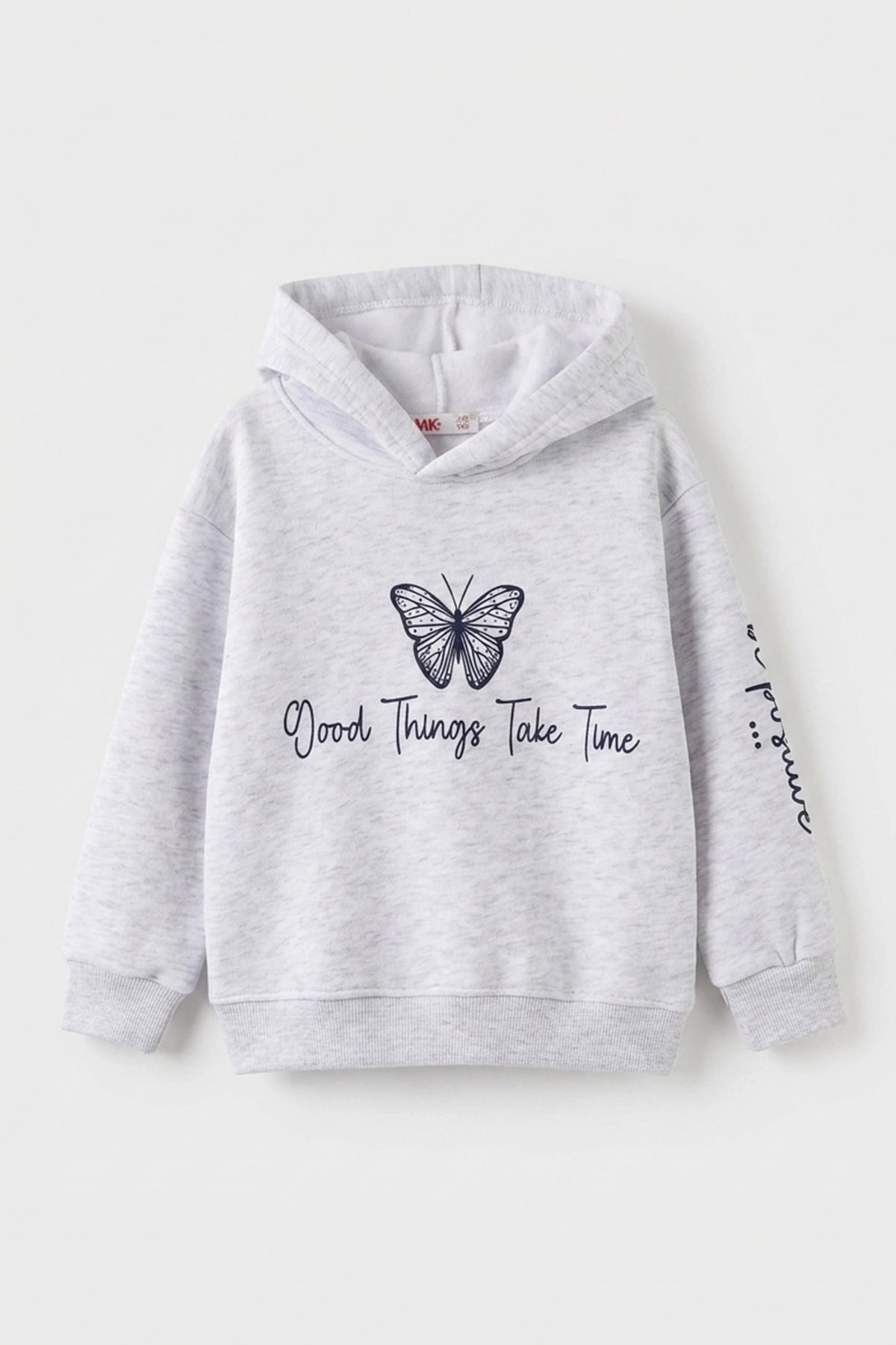 Gri (3-12 Yaş) Kelebek Baskılı Kapüşonlu  Şardonlu 3 İp Kız Çocuk Sweatshirt 484141