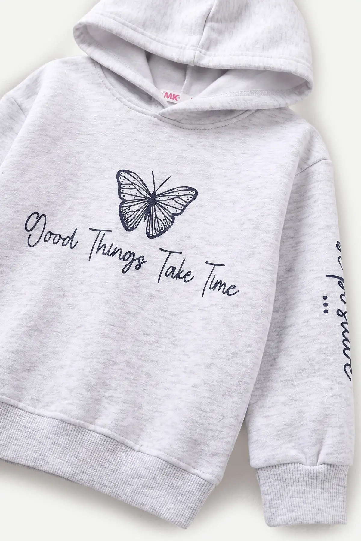 Gri (3-12 Yaş) Kelebek Baskılı Kapüşonlu  Şardonlu 3 İp Kız Çocuk Sweatshirt 484141
