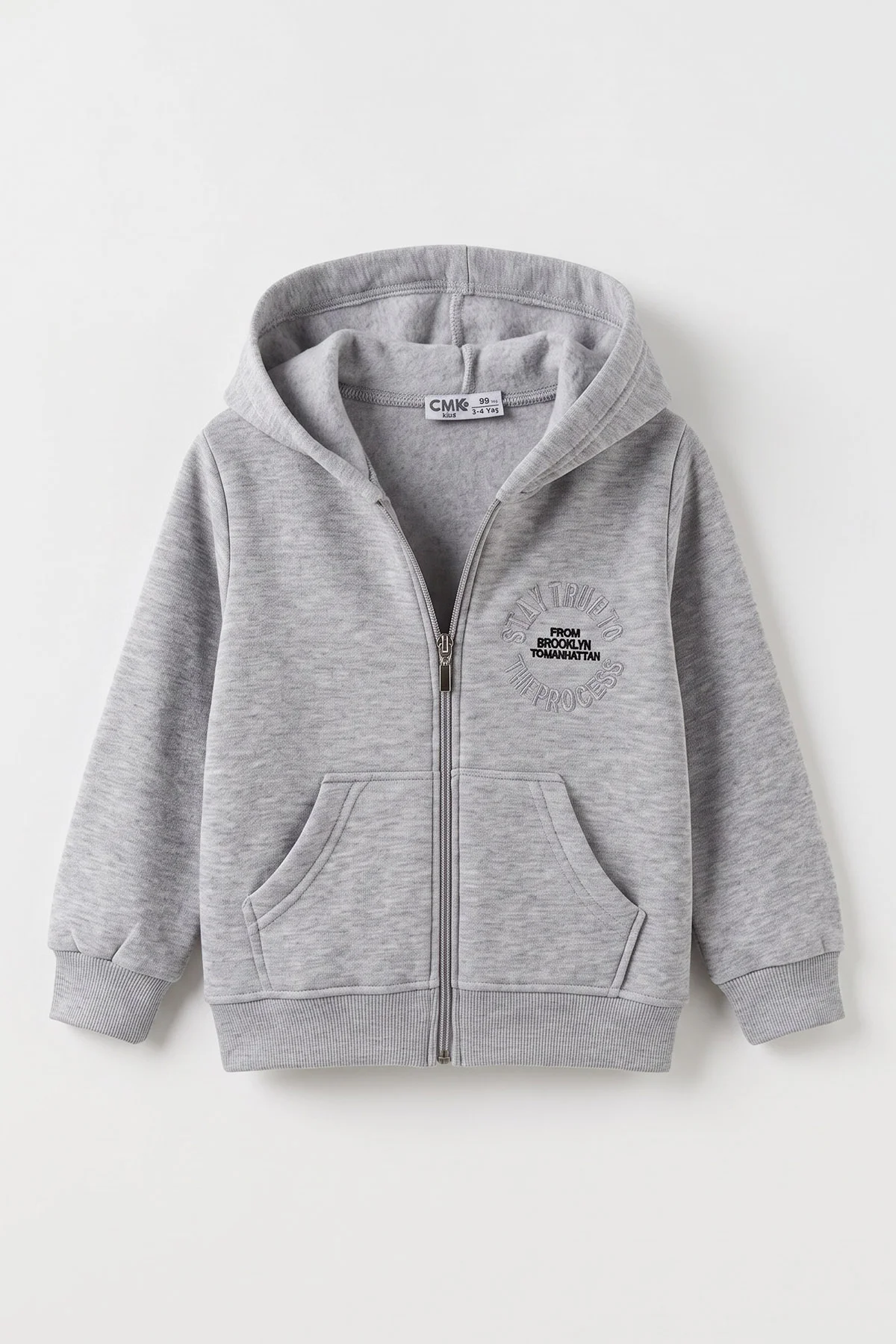 Gri (3-12 Yaş) Nakışlı Kapüşonlu Fermuarlı  Şardonlu 3 İp Erkek Çocuk Sweatshirt 484136