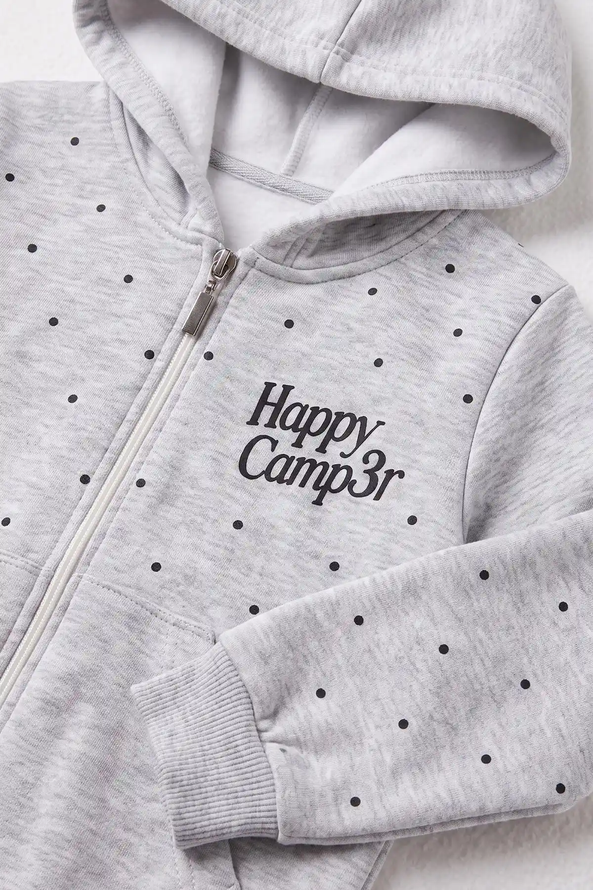 Gri (3-12 Yaş) Noktalı Baskılı Kapüşonlu 3 İp Şardonlu Kız Çocuk Sweatshirt 483902