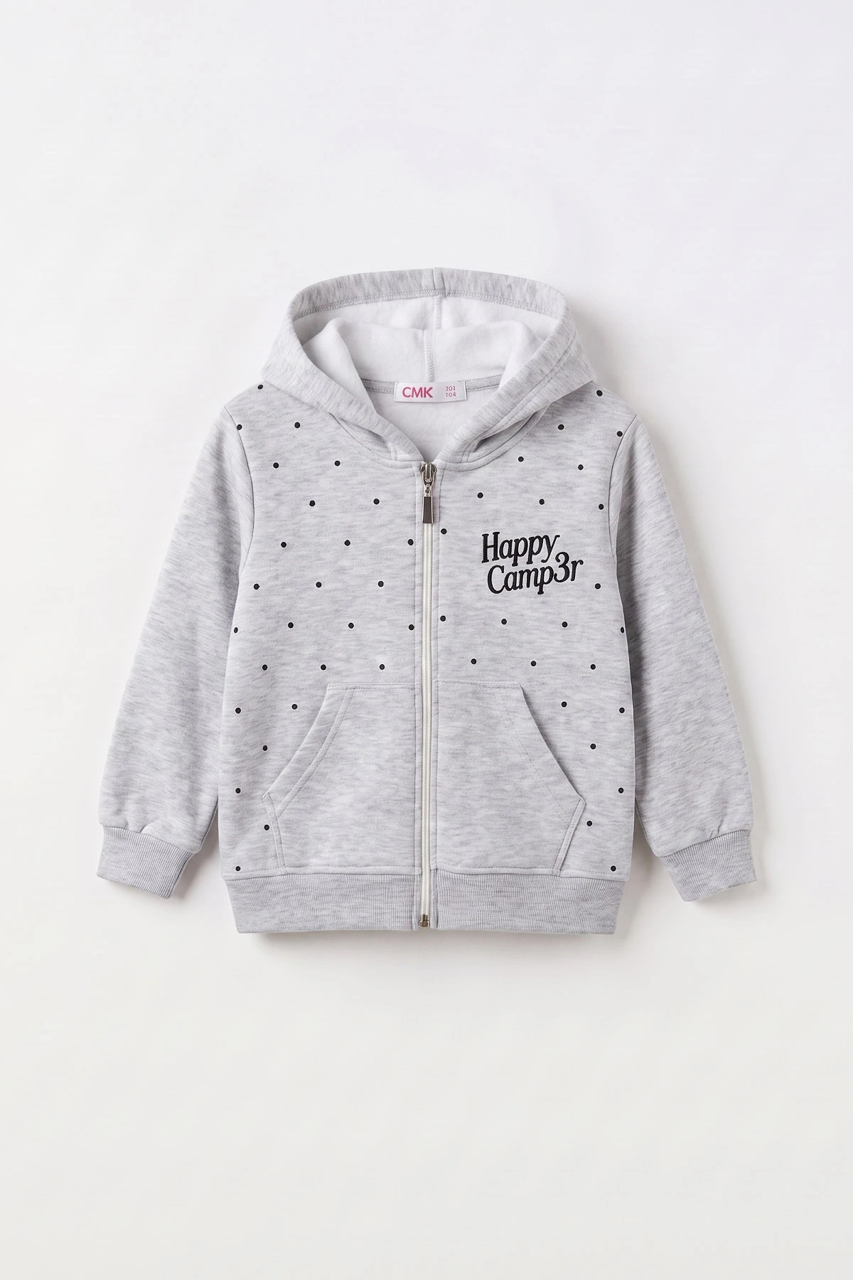 Gri (3-12 Yaş) Noktalı Baskılı Kapüşonlu 3 İp Şardonlu Kız Çocuk Sweatshirt 483902